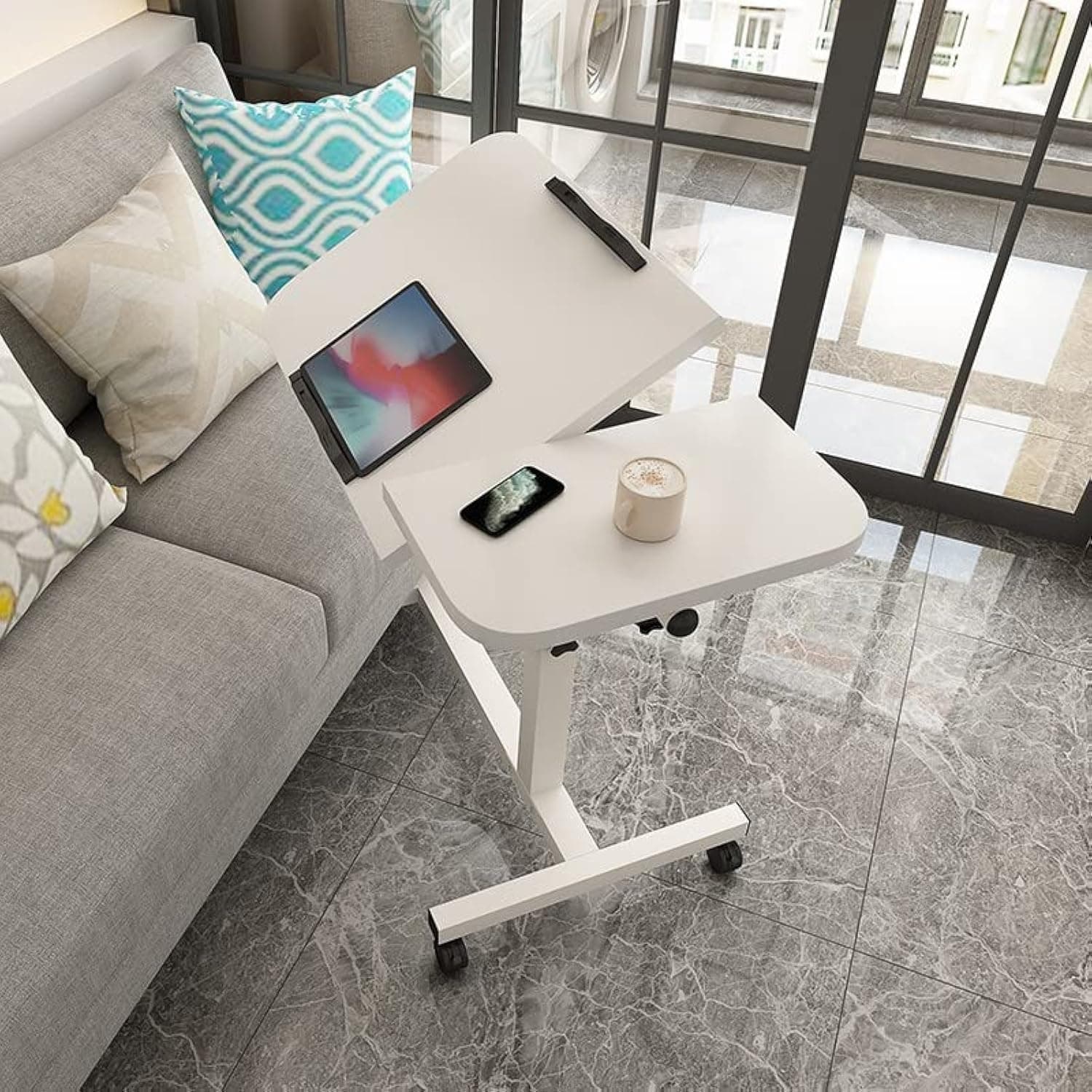 60 * 40cm Lifting and Rotating Laptop Desk for Home and Office, Movable Bedside Table with Rollers, Adjustable Computer Stand, Sofa Side Table, Coffee Table (White)