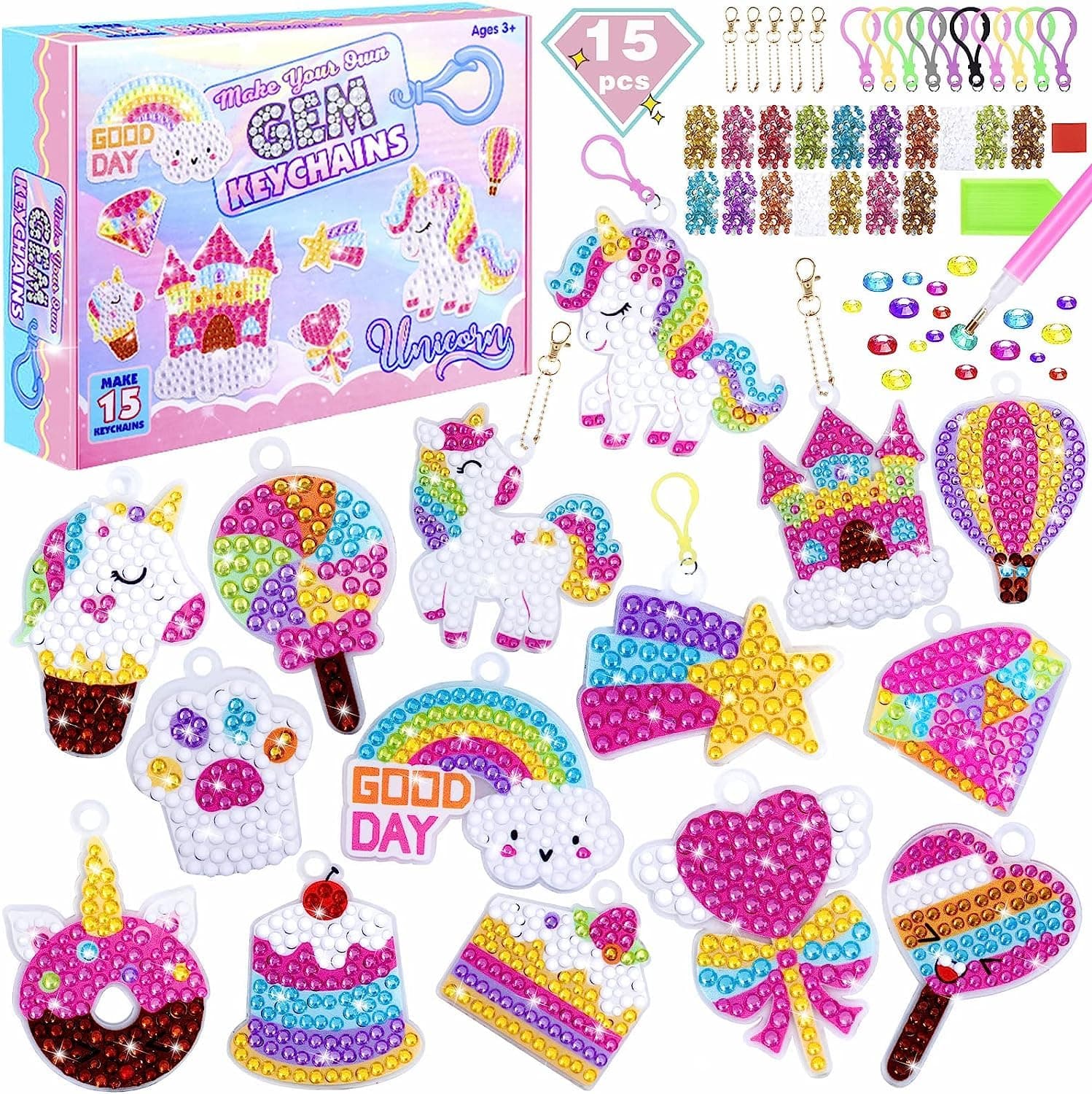 15Pcs Diamond Painting Art Kits for Kids 5D Diamond Arts and Crafts for Kids Girls Diamond Painting Keychains Ring for Unicorn Gift Box Gem Art Supplies Gem Star Cake Rainbow Keychains (Unicorn)