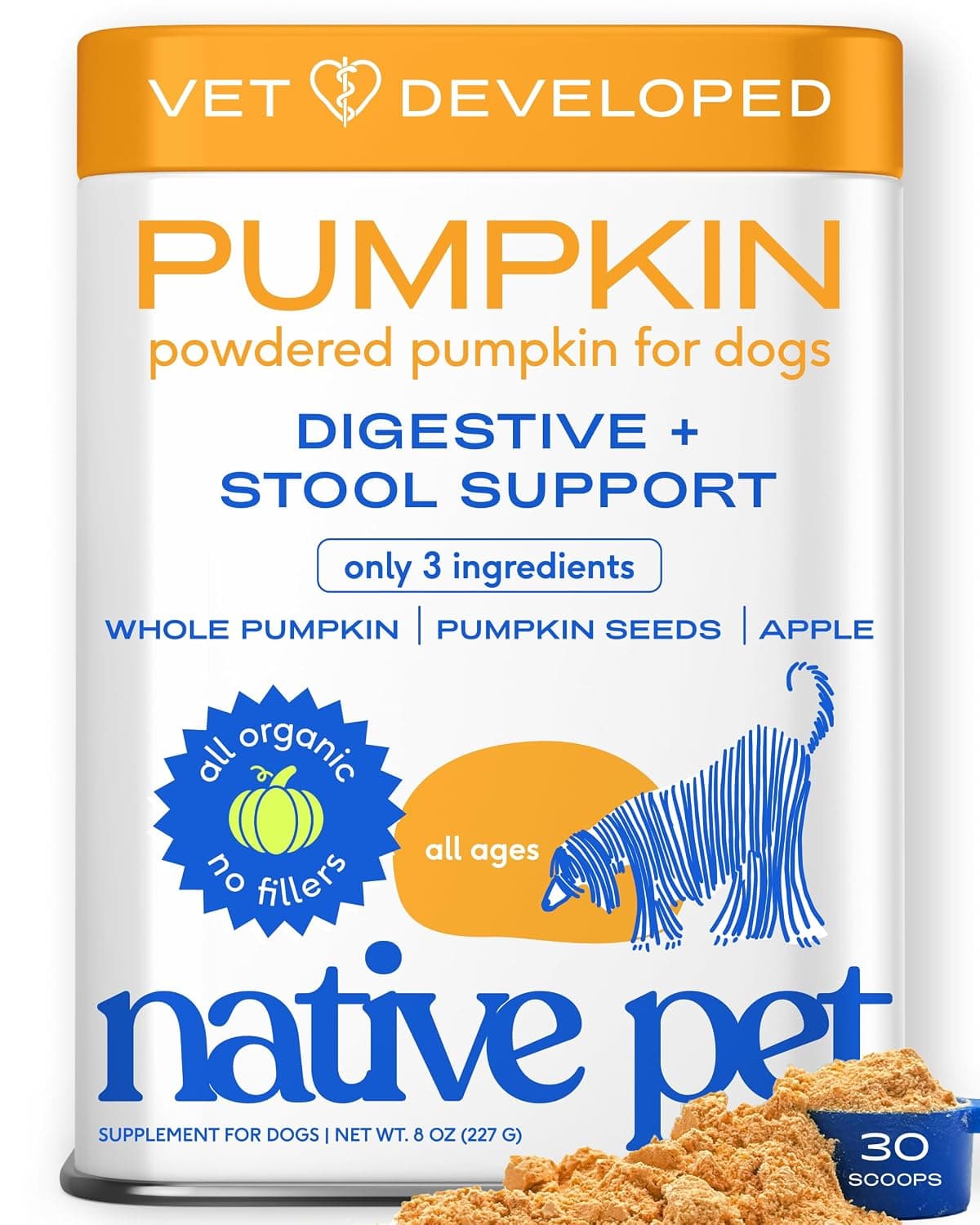 Native Pet Organic Pumpkin for Dogs (8 oz) - All-Natural, Organic Fiber for Dogs - Mix with Water to Create Delicious Pumpkin Puree - Prevent Waste with a Canned Pumpkin Alternative! (8 oz)