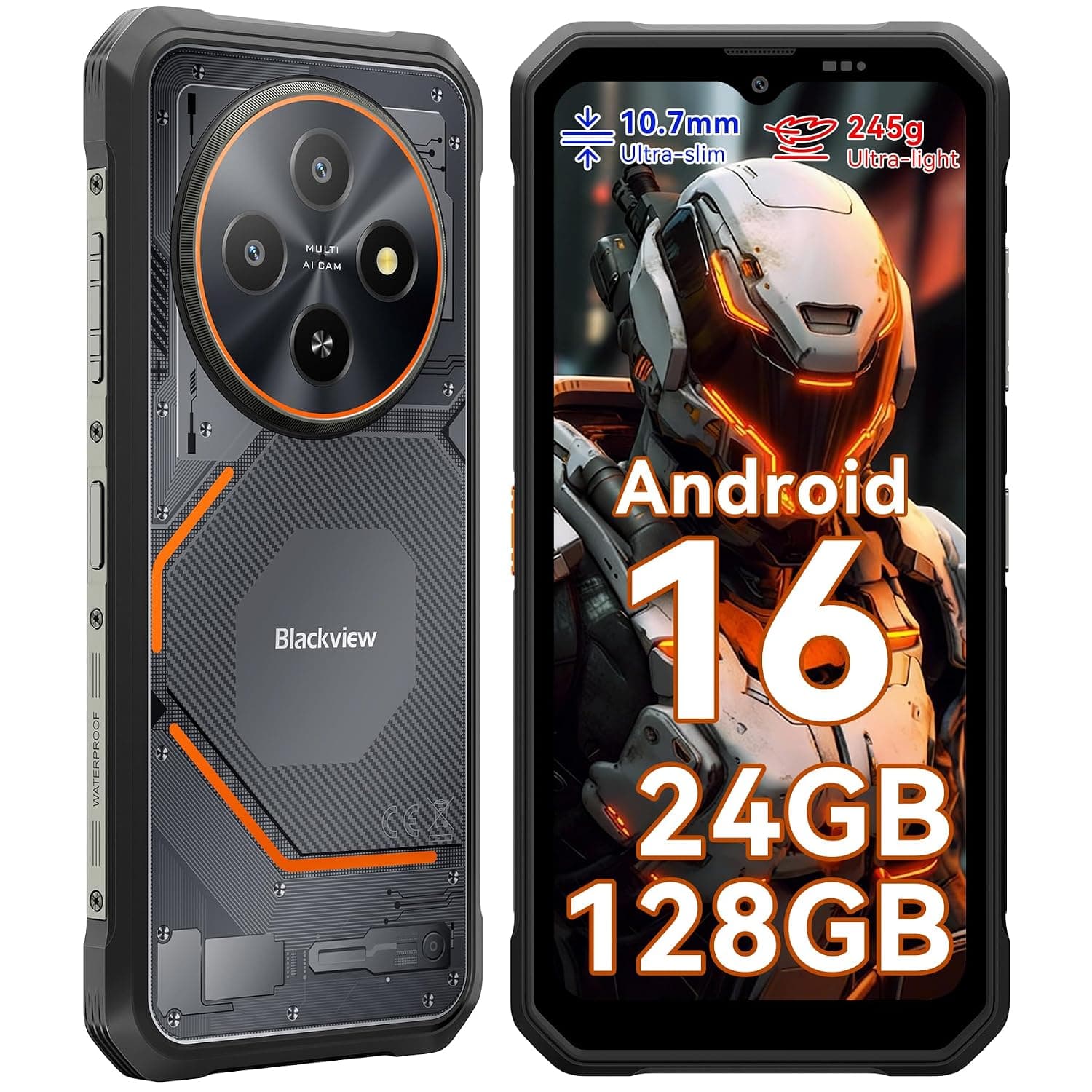 Blackview Fort 2 Unbreakable Mobile Phone Android 16,10.7mm Ultra-Thin Rugged Smartphone Unlocked,24GB + 128GB/2TB,6.56" HD+90Hz, 16MP + 13MP,Waterproof IP69K,4G/NFC/Fingerprint/GPS/OTG/245g