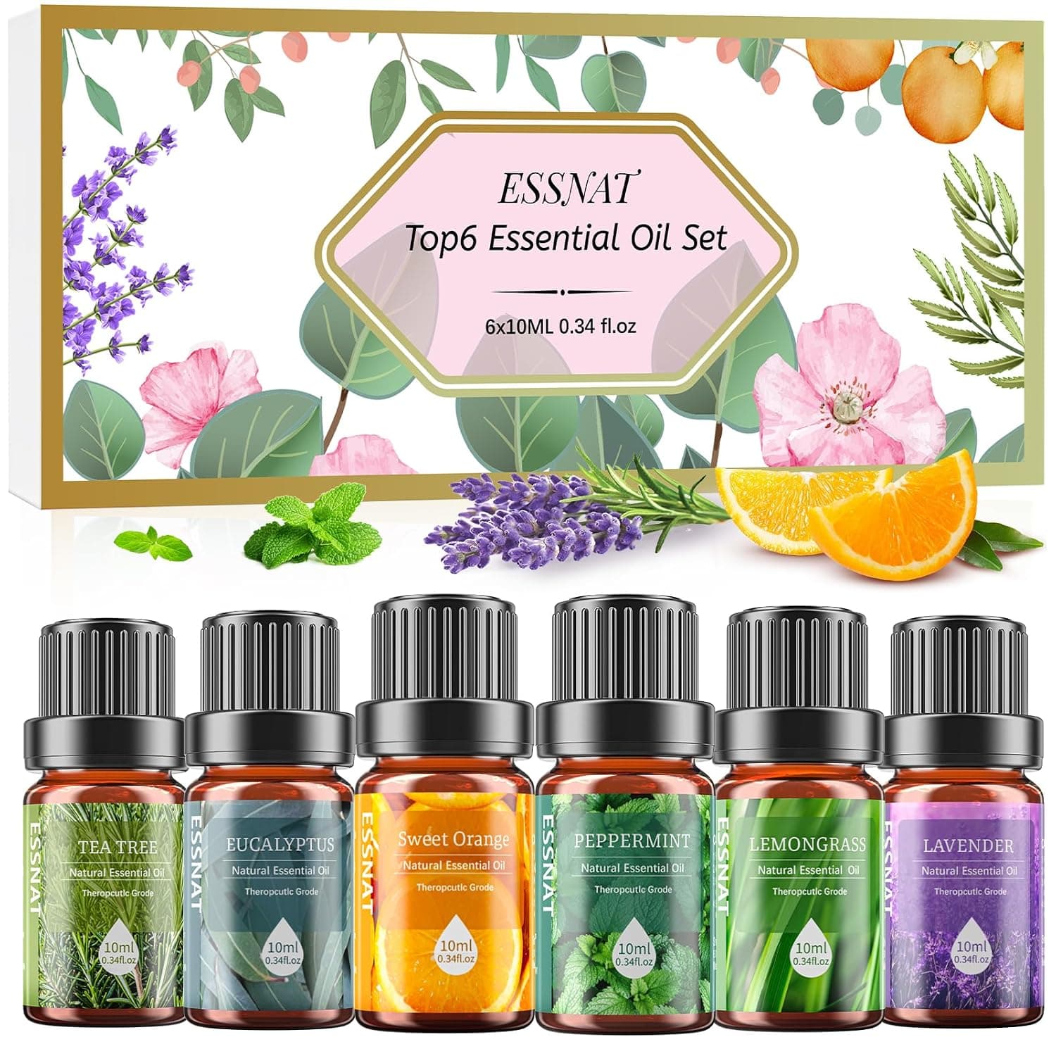 Classic Essential Oils Set, 6 x 10 ml Aromatherapy Fragrance Oil Gift Set, Natural Fragrance Oils for Diffuser, Humidifier, DIY Soap, Spa, Candles, Sweet Orange, Lavender, Mint, Eucalyptus, Tea