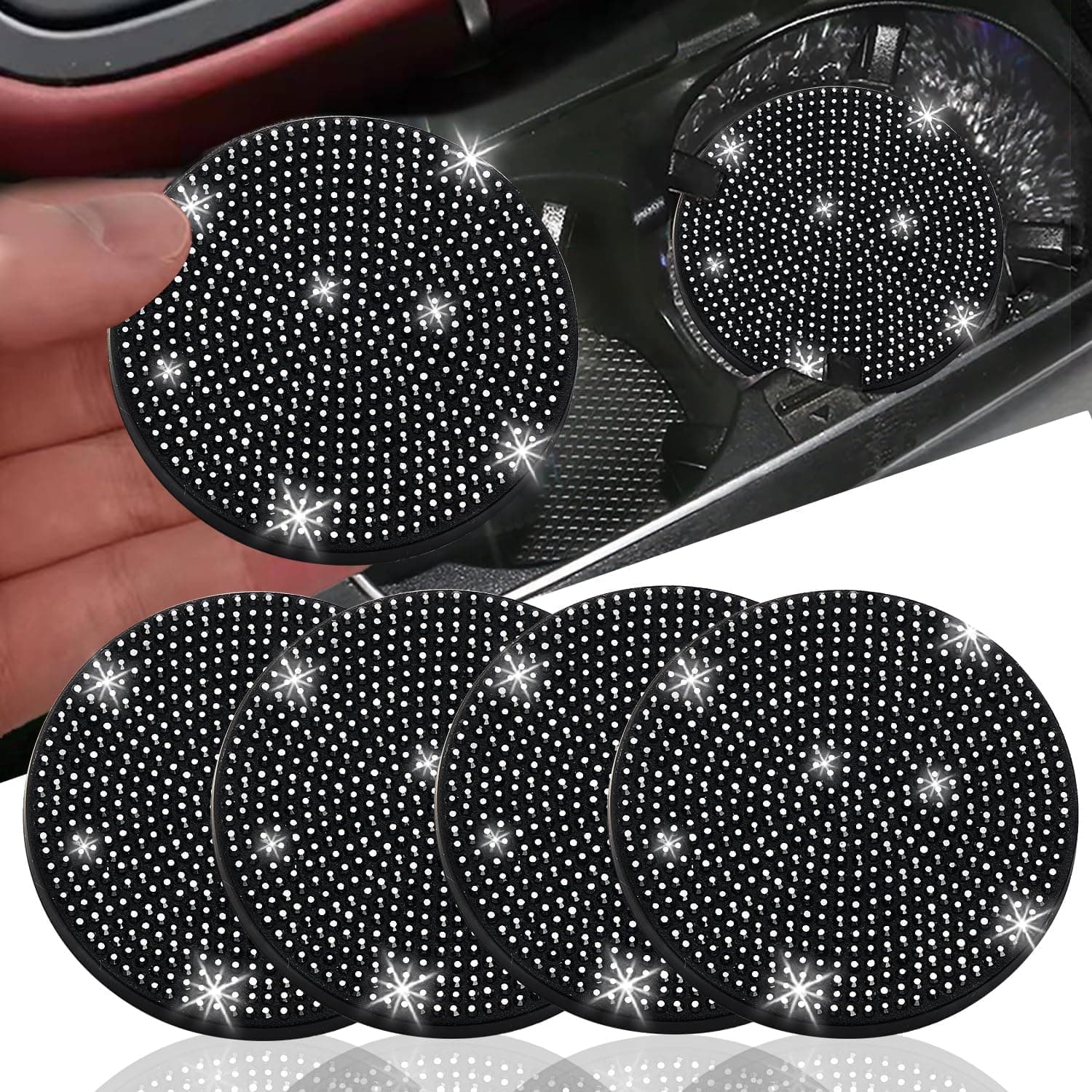 SYOSI Bling Car Cup Holder Coasters, Crystal Rhinestone Silicone Auto Cup Mat for Women, Anti Slip Shockproof Universal Vehicle Interior Accessories for Sedan SUV Truck, White, 2.75 Inch, 4 Pack