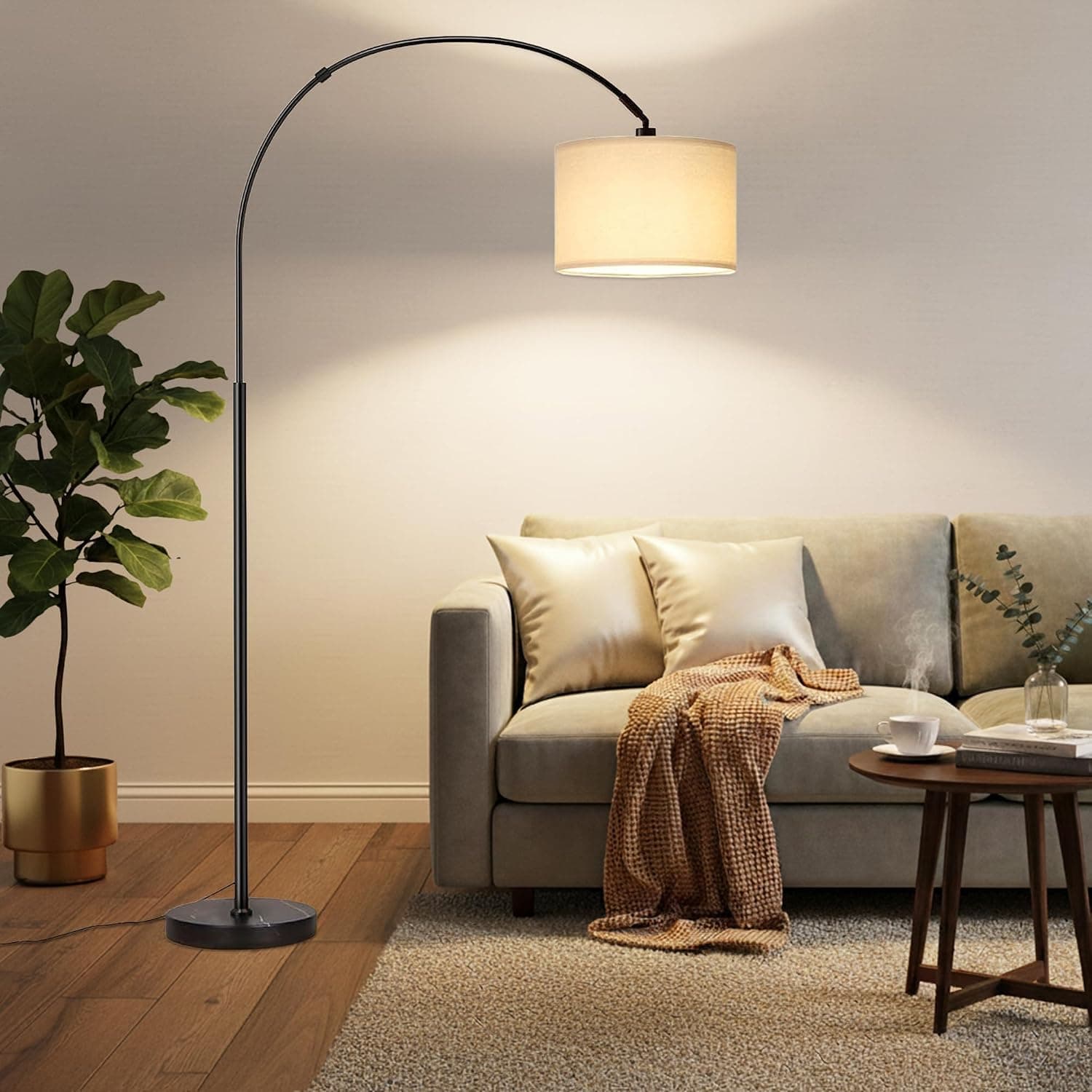 Bentifar Floor Lamp with Adjustable Shade, Dimmable Arc Standing Lamp for Living Room Bedroom Office, Tall Reading Light Beside Sofa, White, [Amazon Exclusive]