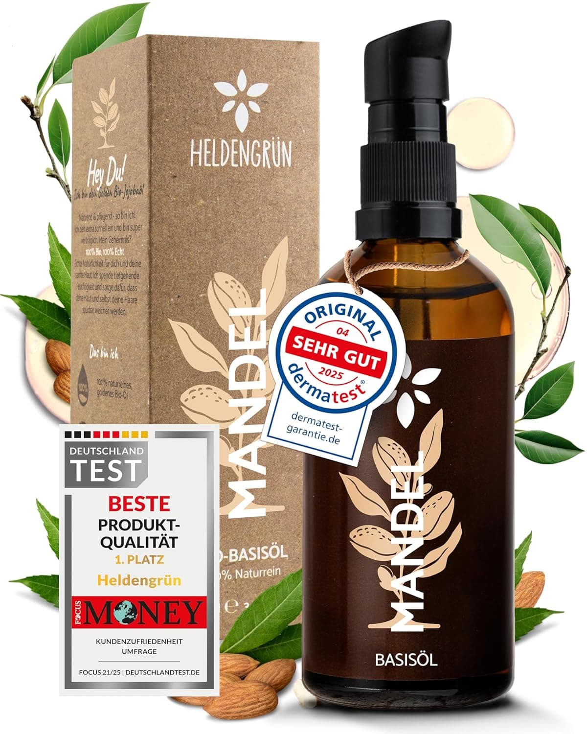 Heldengrün® Organic Baby Almond Oil [100% Natural] Massage Oil & Baby Oil 100 ml | Mild enough for baby skin, gently cold pressed, no additives and fragrances, dermatologically tested, German startup