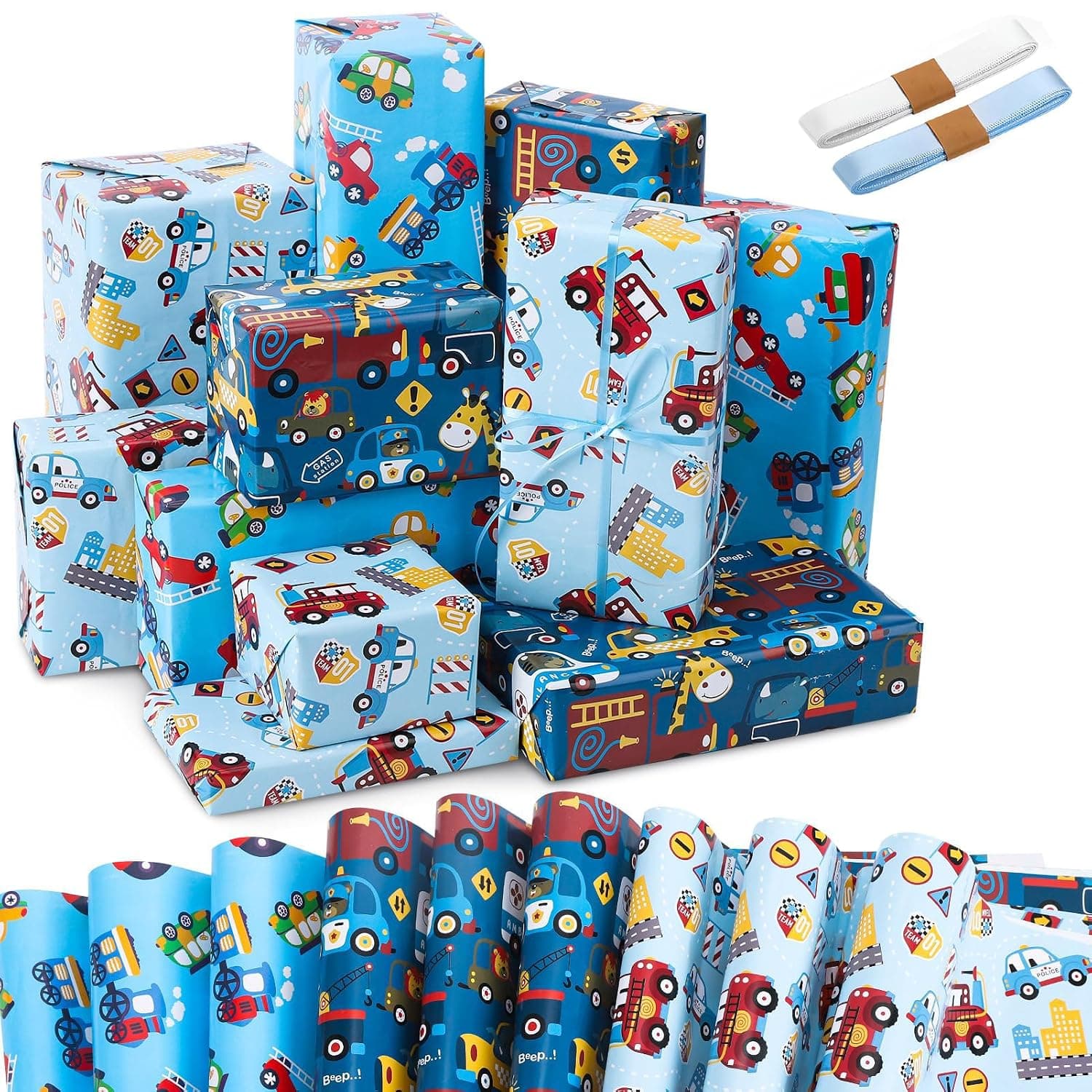 BIGTHREE Gift Wrapping Paper, 9 Sheets Boy's Birthday Gift Wrap with 2 Rolls Ribbons, Police Car Fire Trucks Children's Birthday Gift Wrap Set (51 * 75CM)