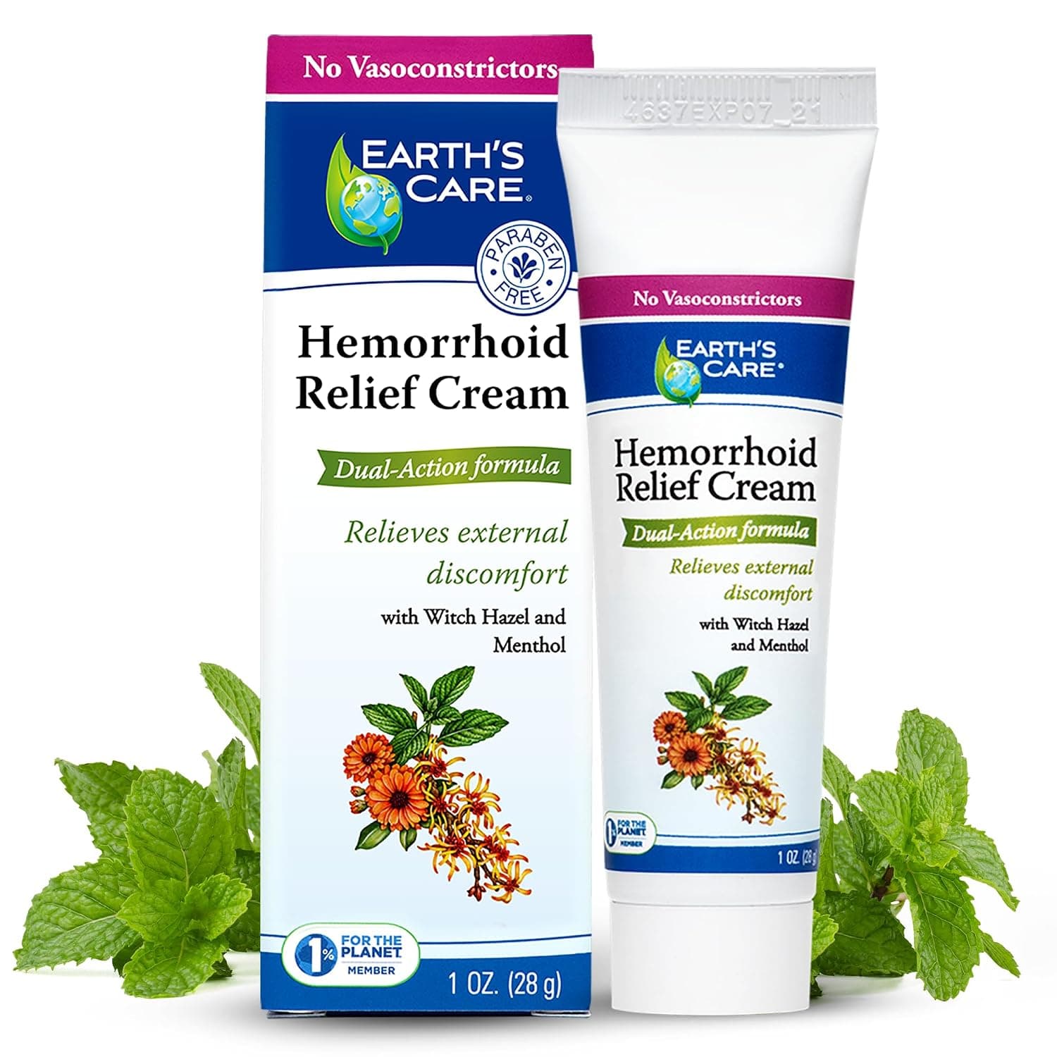 Earth's Care Hemorrhoid Cream - Treatment for Hemorrhoid Relief 1 OZ. (28 g.) | Cooling formula, External relief, Dual action, Natural active ingredients, Paraben & Fragrance free, No vasoconstrictors