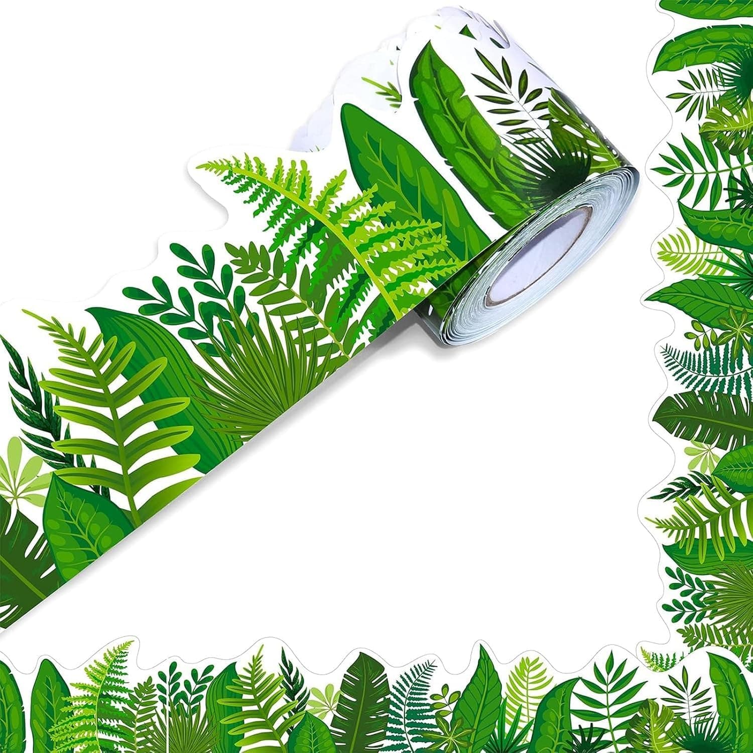 ALMEKAQUZ 60 Feet Bulletin Board Borders, Self Adhesive Rolled Border Trim Tropical Leaves Patterns Decoration with Strong & Permanent Adhesive for School, Classroom Offices Wall, Desks