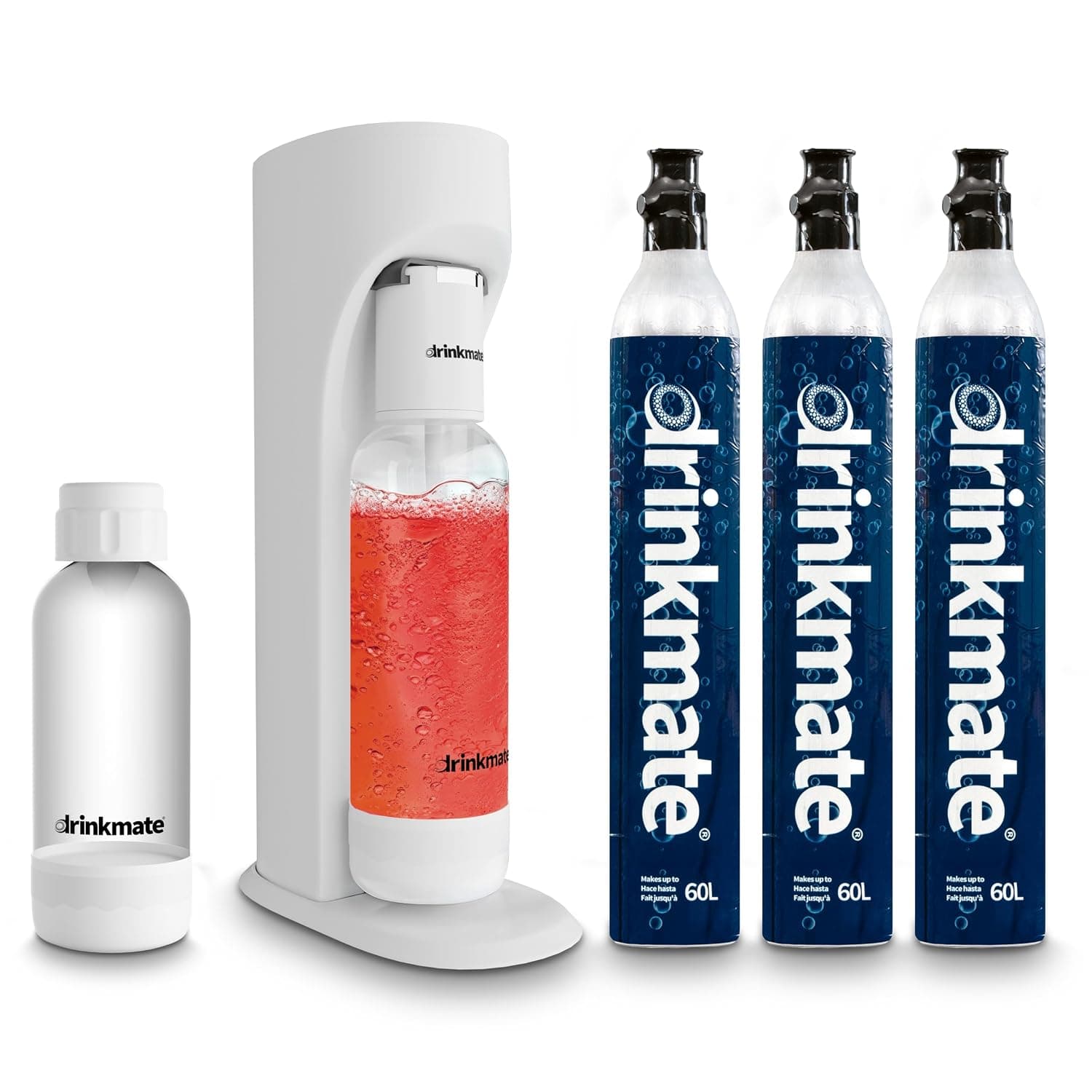 Drinkmate OmniFizz Sparkling Water and Soda Maker, Carbonates Any Drink, ULTIMATE BUNDLE - Includes three 60L CO2 Cylinders, Two Carbonation Bottles, and Fizz Infuser (Classic White)