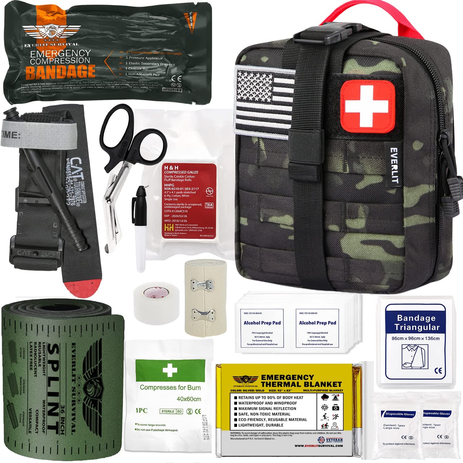 EVERLIT Emergency Trauma Kit, CAT GEN-7 Tourniquet 36' Splint, Military Combat Tactical IFAK for First Aid Response, Critical Wounds, Gun Shots, Severe Bleeding Control