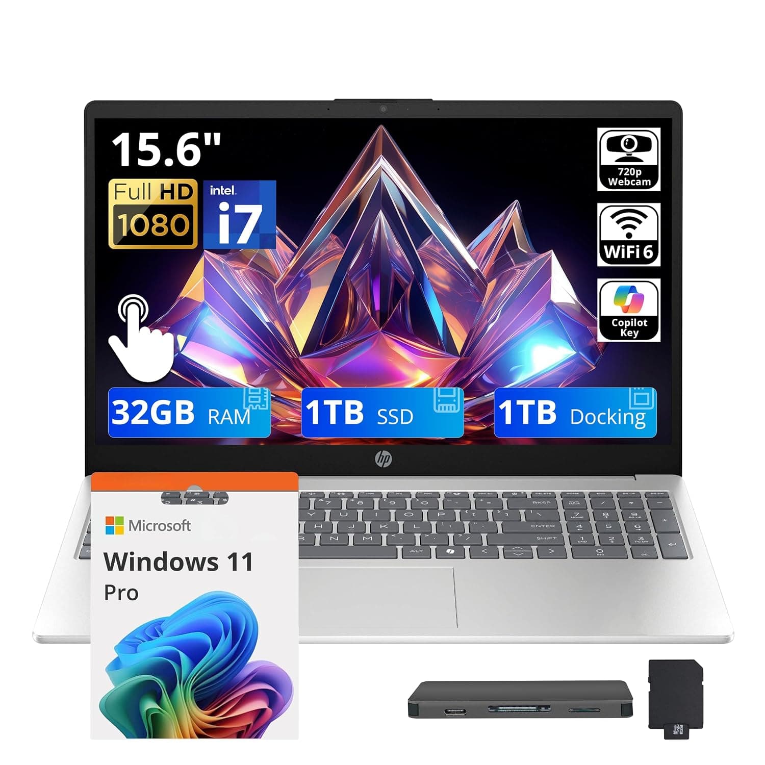 HP لابتوب للاعمال بشاشة لمس 15.6 انش FHD ومعالج انتل I7-1255U وذاكرة RAM 32GB وSSD PCIe 1TB وبطاقة رسومات انتل ايرس Xe وكيبورد رقمية وكاميرا ويب وويندوز 11 برو، فضي طبيعي