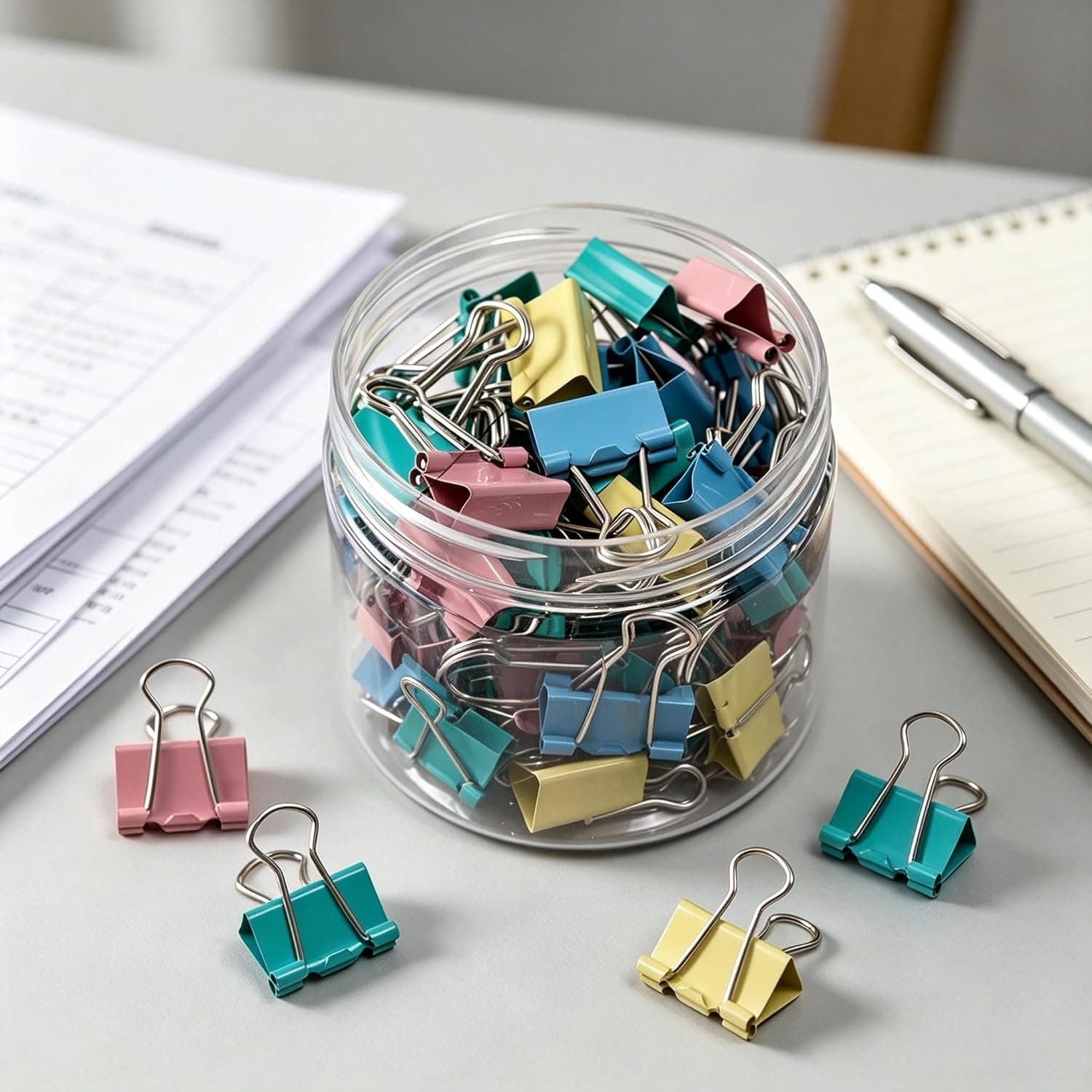 Binder Clips 60 Pack, 15mm- Mini Colorful Paper Clamps, Assorted Pastel, Rust-Resistant, Non-Slip Grip for Office, School, Crafts - ClipBright with Divided Tray