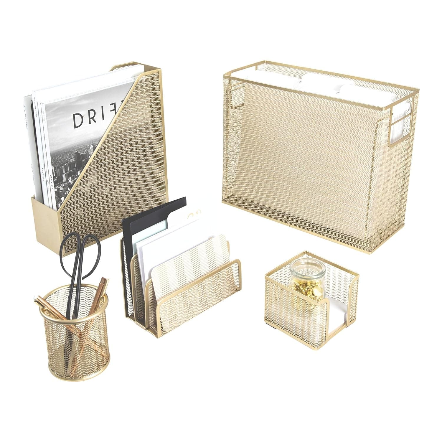 Cute Desk Organizers and Accessories - 5 Piece Gold Desk Accessories Set Includes Hanging File Holder, Letter Sorter, Pen Cup, Magazine Holder, and Sticky Note Holder, Office Supplies by Blu Monaco