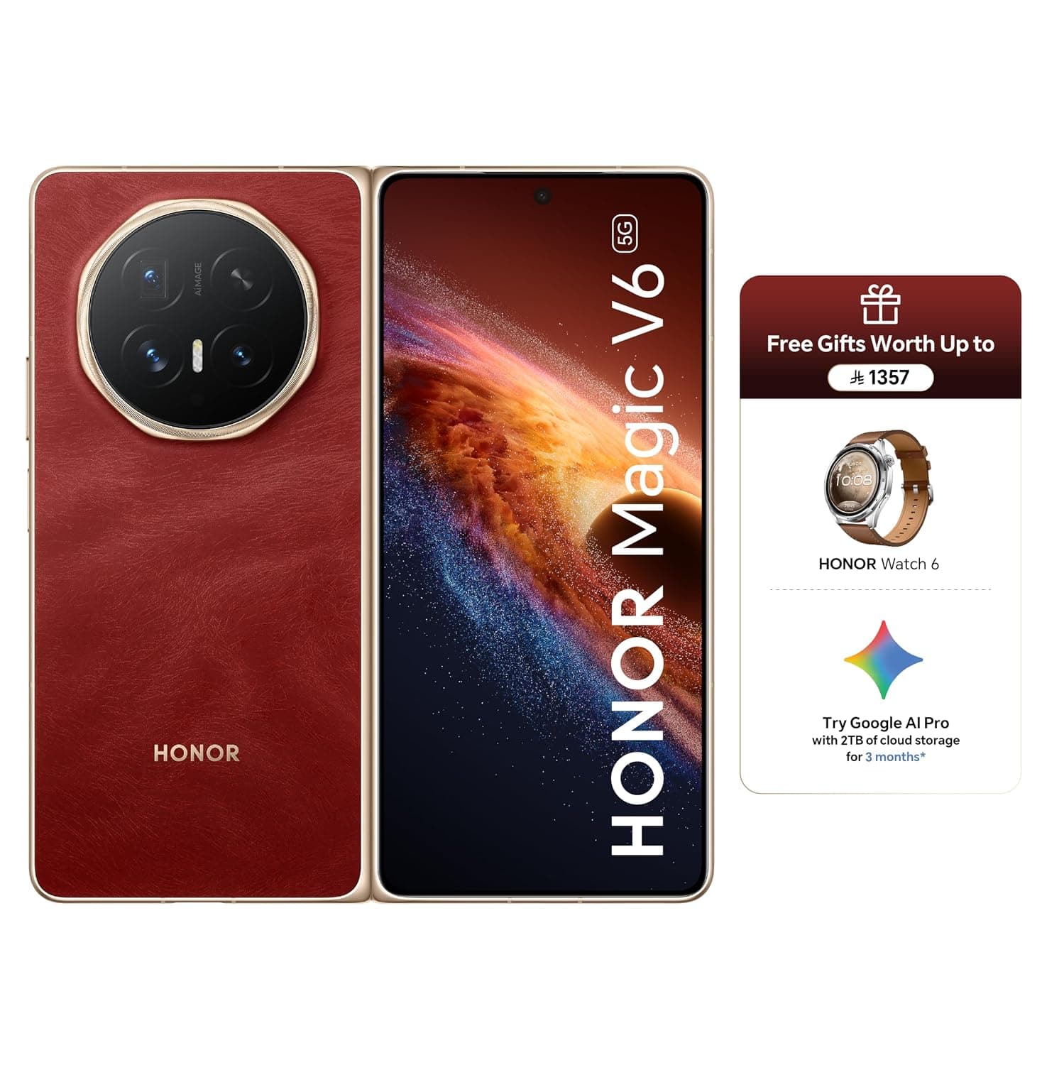 HONOR Magic V6 5G Foldable Smartphone 16GB RAM 512GB Storage Snapdragon 8 Elite Gen 5 64MP Telephoto Camera Red HONOR Watch 6