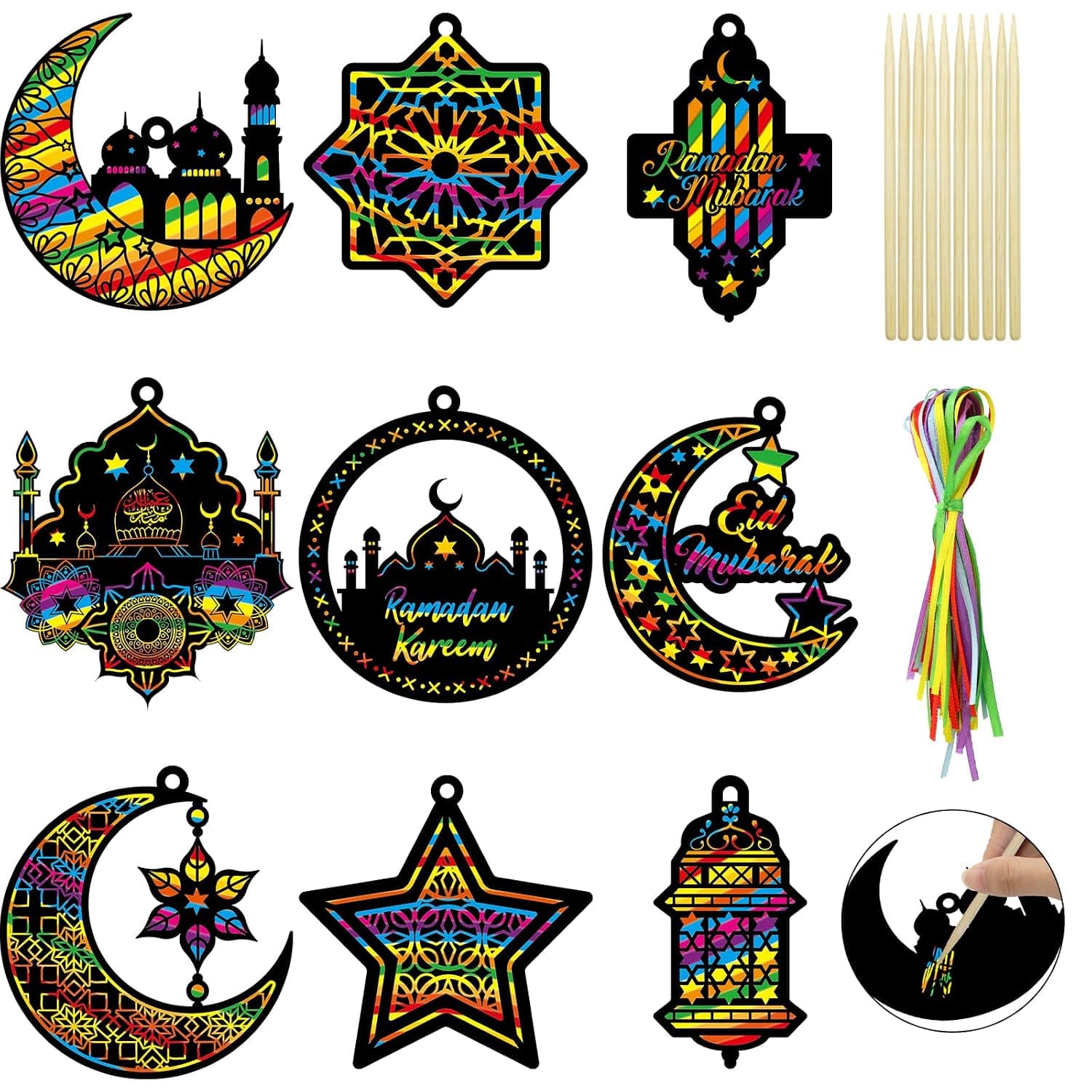 Fancy Land 45 Pcs Ramadan Scratch Paper Art Kit Crafts for Kids Eid Mubarak Scratch Off Cards DIY Rainbow Hanging Ornament Al-fitr Ramadan Gifts Decorations Drawing Activities
