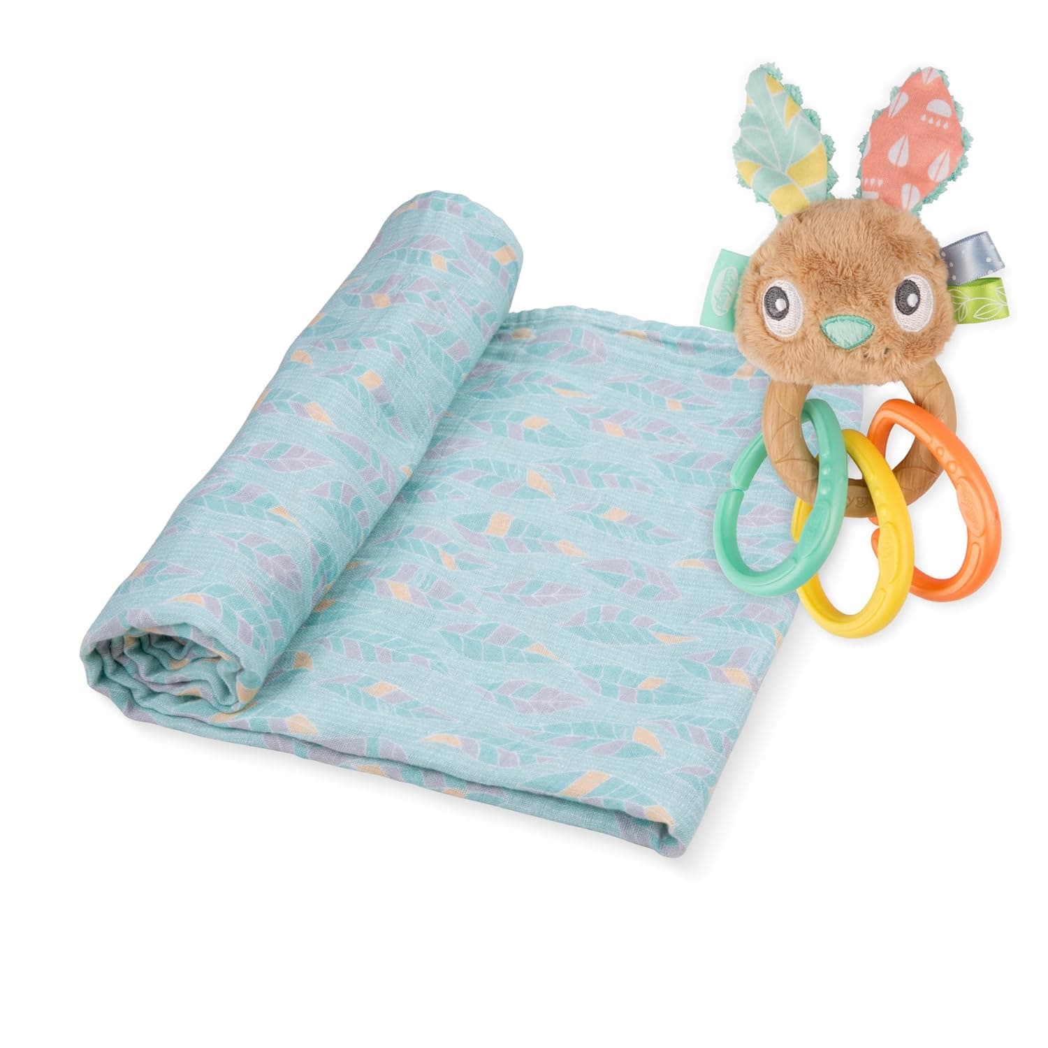 Playgro Fauna Friends Baby Wrap & Rattle Bundle - Nature-Inspired Baby Essentials, Soft Bamboo Wrap, Lightweight & Breathable, Kangaroo Rattle & Clips - Cozy Comfort, Multicolor