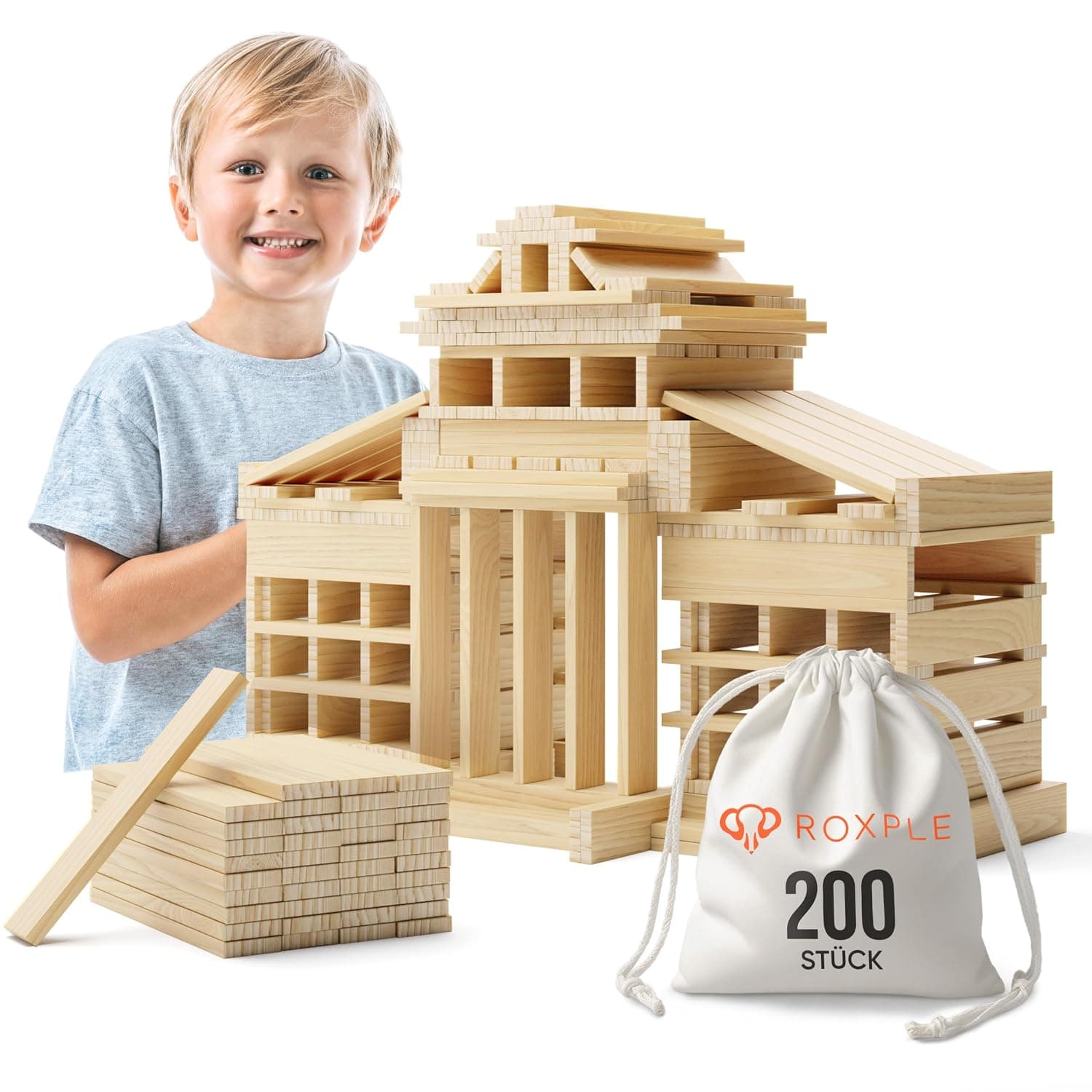 ROXPLE Montessori Wooden Building Blocks Natural Pack of 200 for Children from 3 Years, Blocks for Crafts, Ideal Construction Toy with Building Blocks, Wood, Wooden Blocks in Cotton Bag