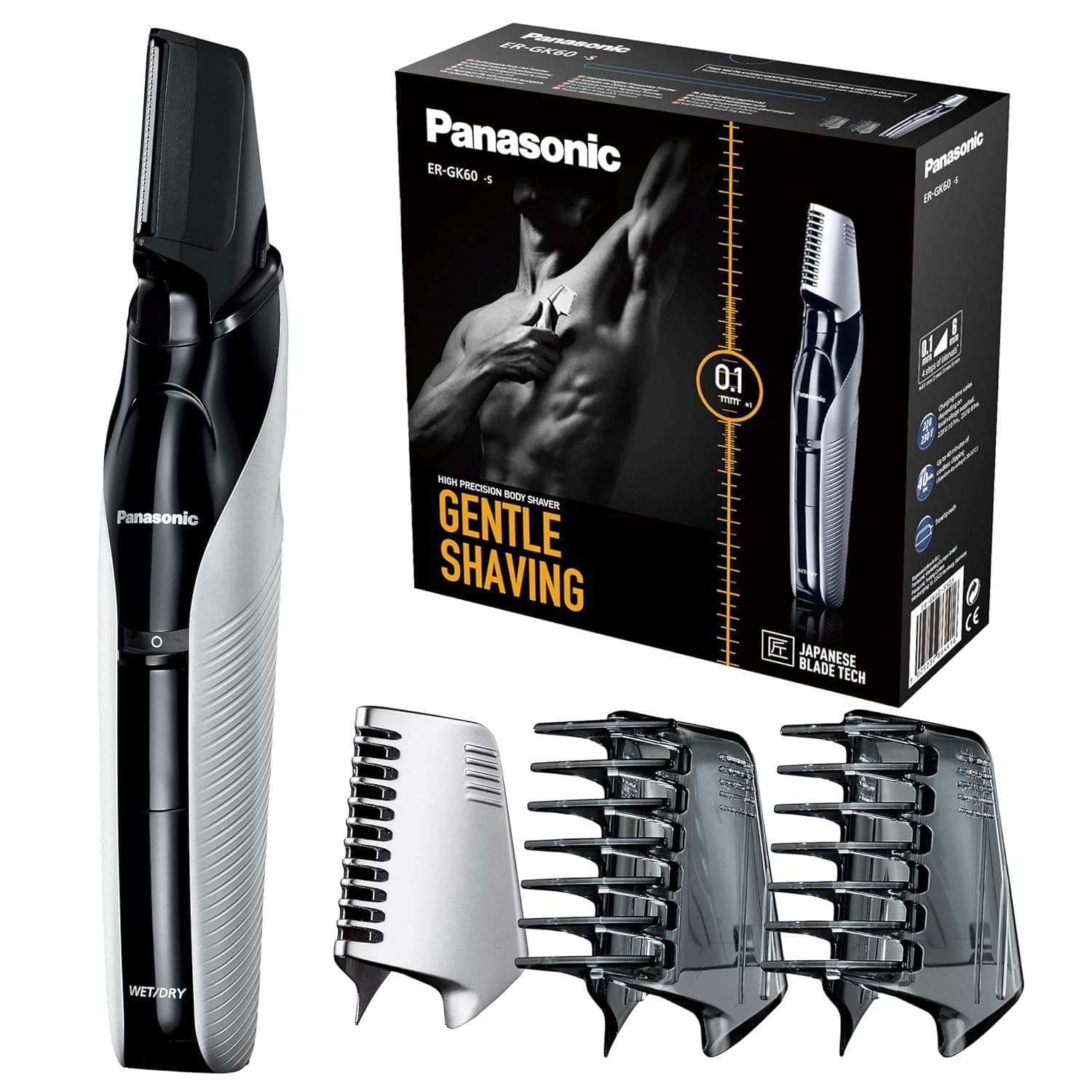 Panasonic ER GK60 Body Trimmer With 3 Attachments Electric Razor For Men Gentle Skin, Wet And Dry Shaving, Hair Head Body, Silver, Gk60, S423
