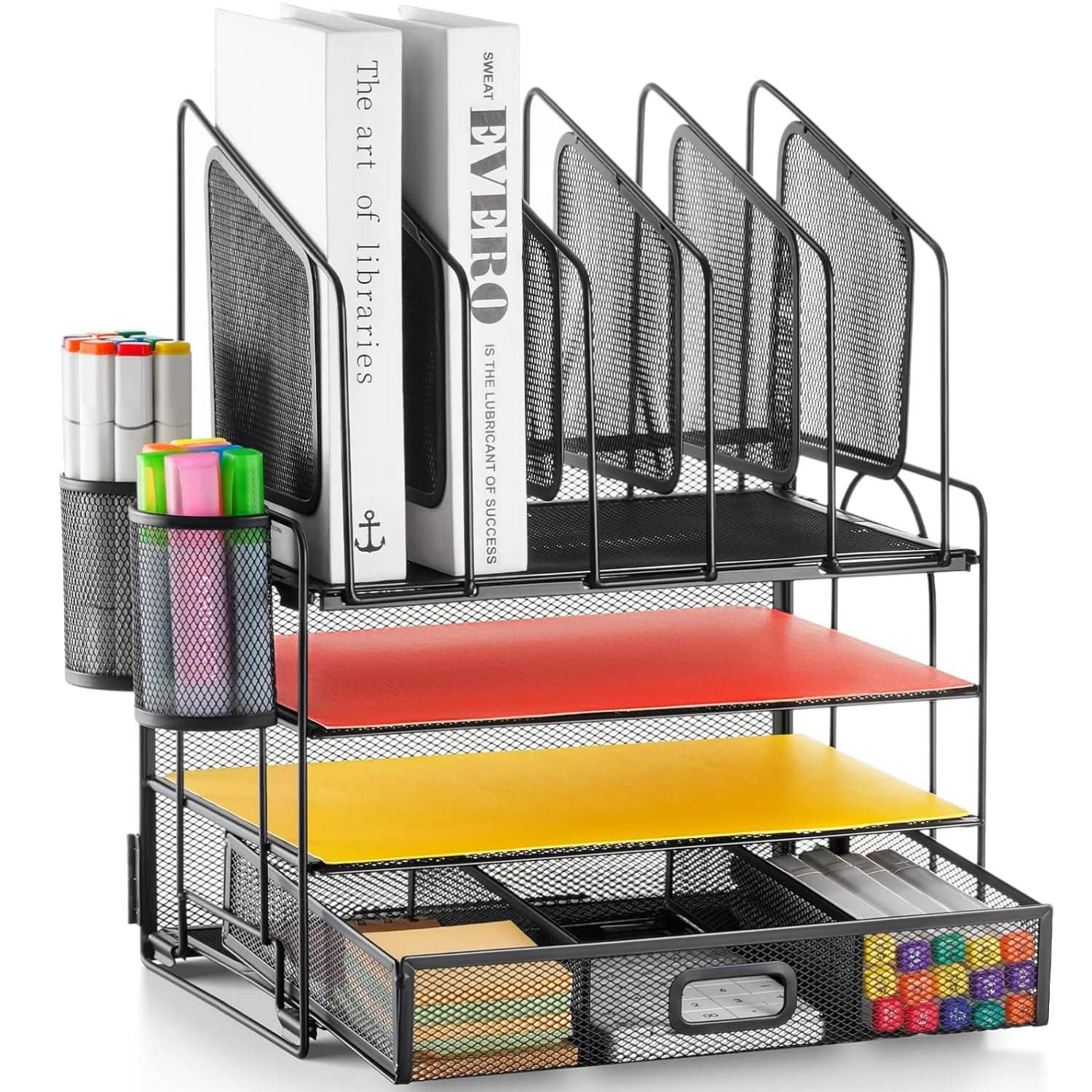0TO1 Desk Organizer with File Holder, منظم مكتب, with 5 Vertical File Holders and 2 Pen Holders, Multifunction Desktop Organizer, Office Organizer and Accessories for Home Office