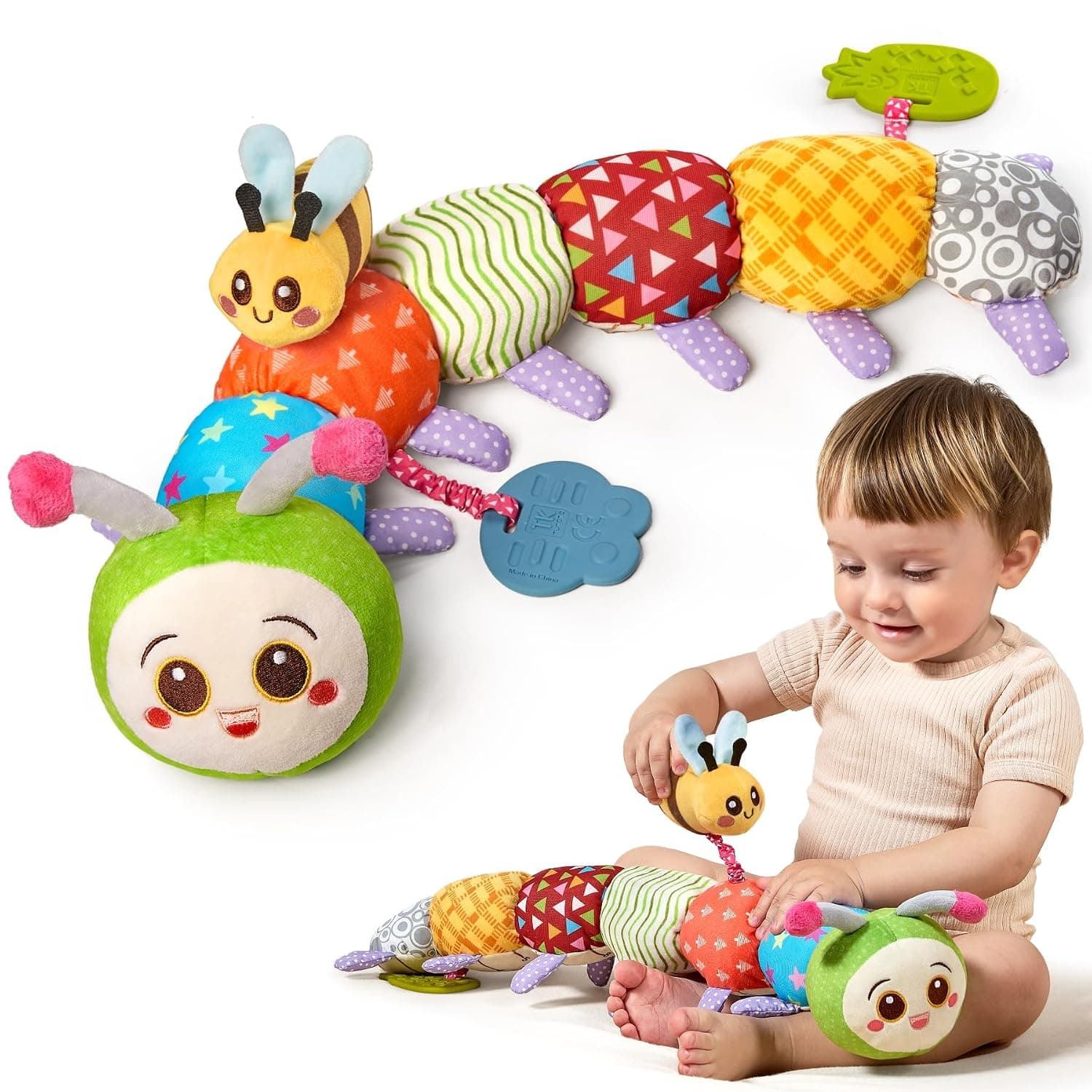 TUMAMA Caterpillar Sensory Toys,Infant Stuffed Animal with Crinkle Paper Rattle,Tummy Time Soft Activity Sensory Toys for 3 4 5 6-12 Month Old Newborn Baby Birthday Gifts | Infant Baby Stuffed Animal Activity Soft Toys with Teether, Tummy Time Sensory Toys,Newborn Sensory Toys Birthday Gifts