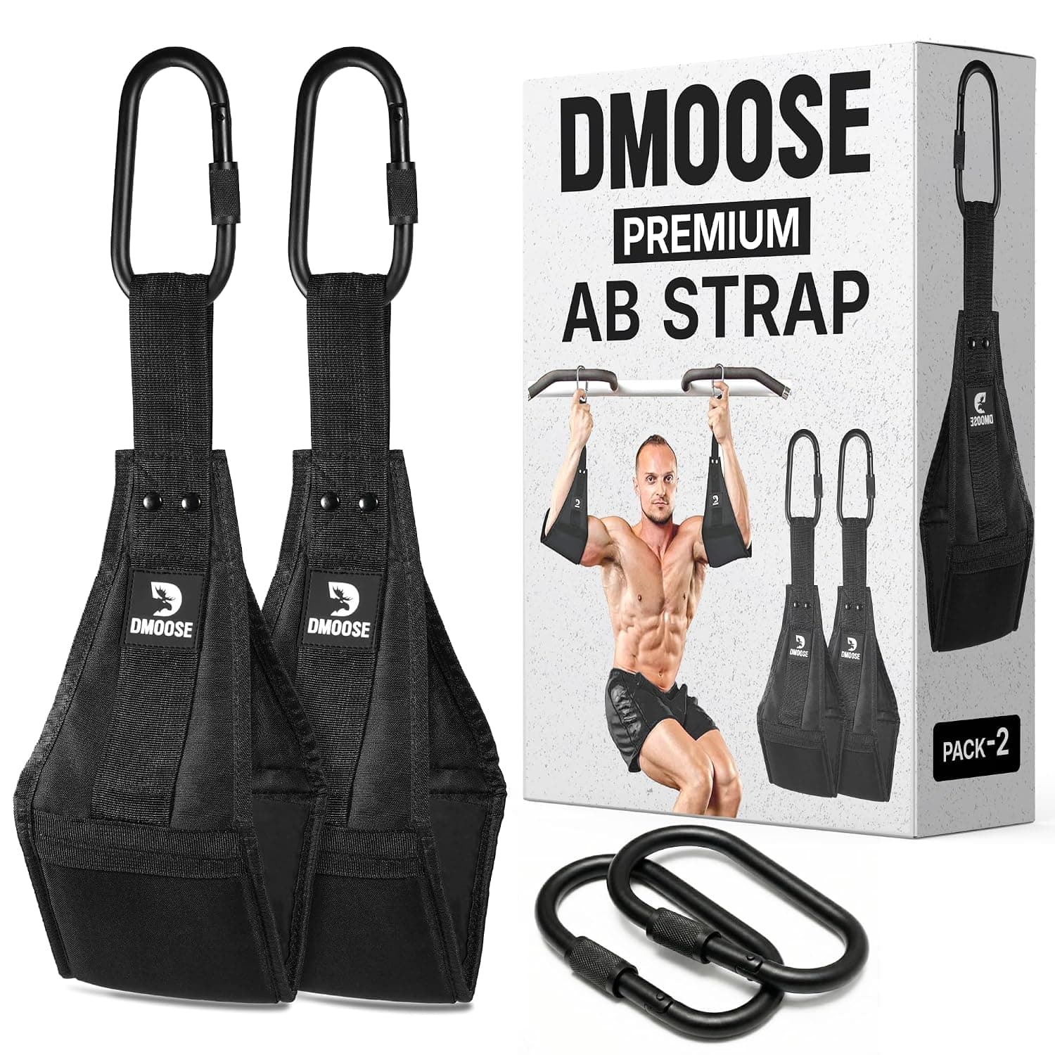 DMoose Fitness Hanging Ab Straps for Pull Up Bar & Core Strength Training - Thick Padded Arm Strap for Ab Swing with 2 Rust-Resistant Carabiners - Pull Up Straps for Ab Workouts at Home and Gym (Pair)