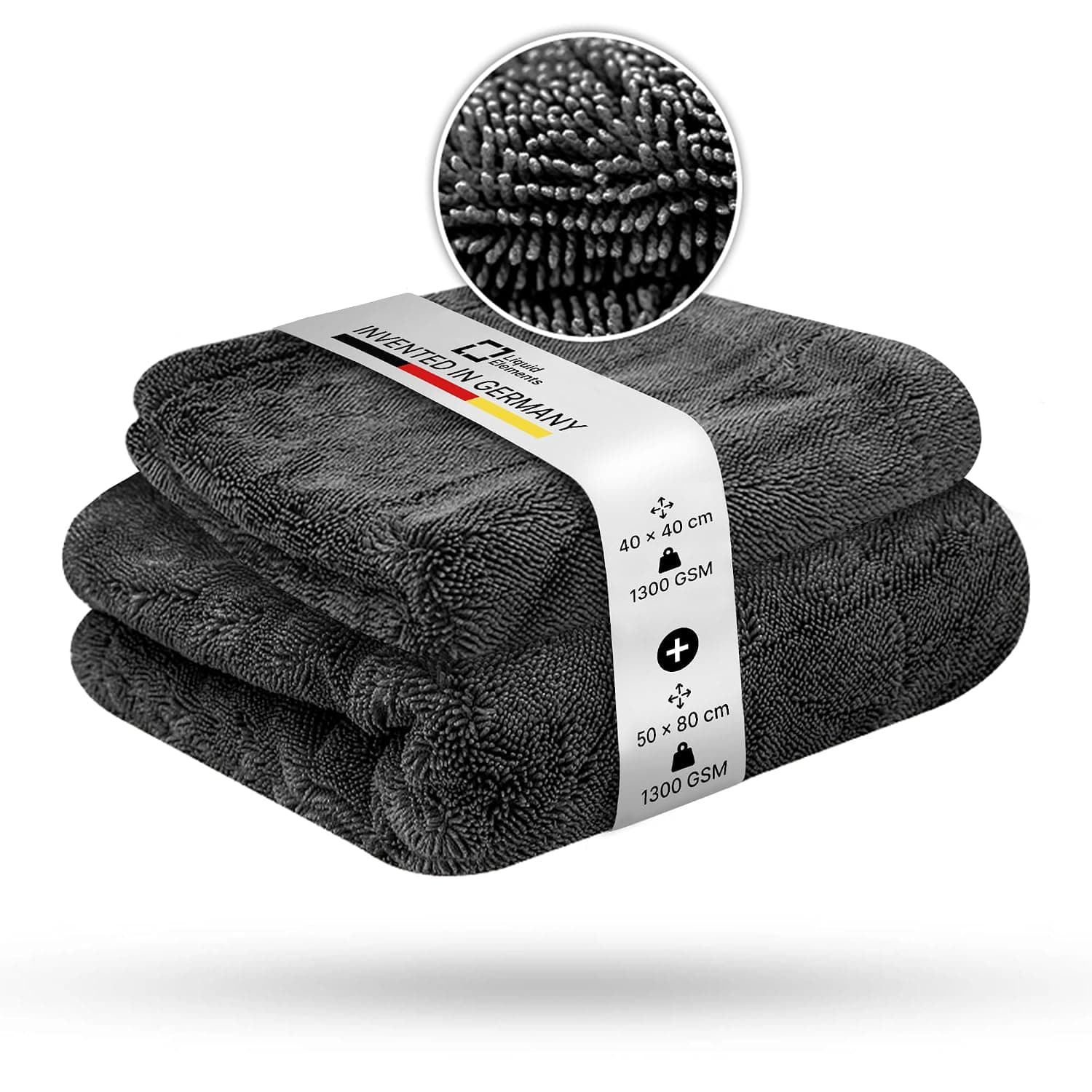 Liquid Elements Black Hole Drying Towel Set, 40 x 40 and 50 x 80 cm | 1300 GSM microfibre cloth for car care, extremely absorbent and lint-free