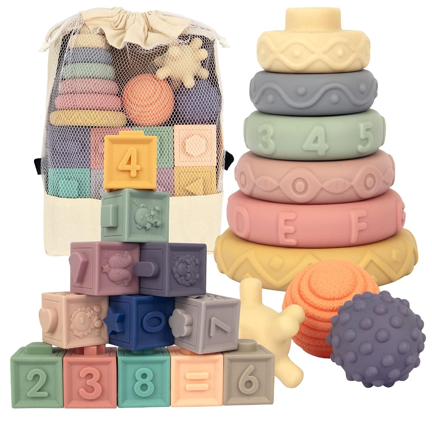 21PCS Montessori Toys for Babies,Teething Toys for Babies Months, 6 Months+, Early Educational Learning Stacking Tower, Sensory for Toddlers 1-3, Soft Rings Stacker & Teethers