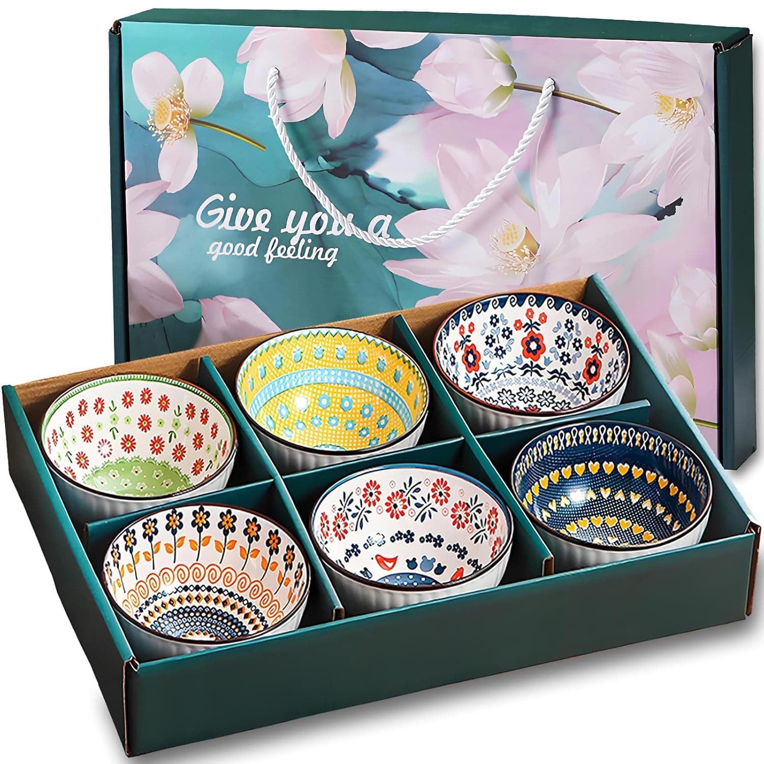 6 Pack Rice Bowls 10oz, Japanese Style Ceramic Bowls Set for Soup Dessert Ice Cream and Snacks, Microwave Safe Porcelain Bowls with Gift Box (Random Patterns)