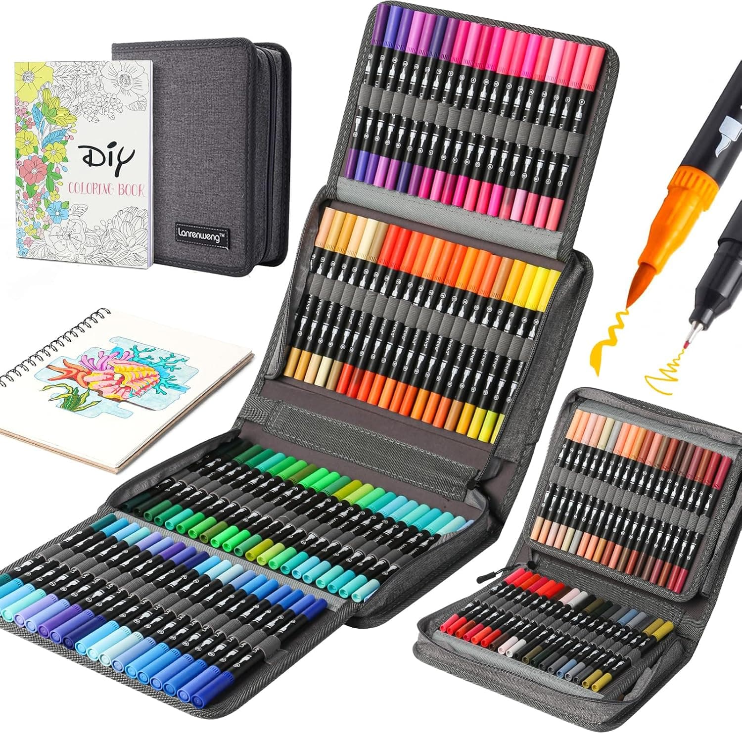 120 Colors Duo Tip Art Markers,LANRENWENG Fine Brush Tip Colored Pens Set with Canvas Bag,Markers Gift for Adult Coloring Books Drawing Sketching Bullet Journaling Calligraphy