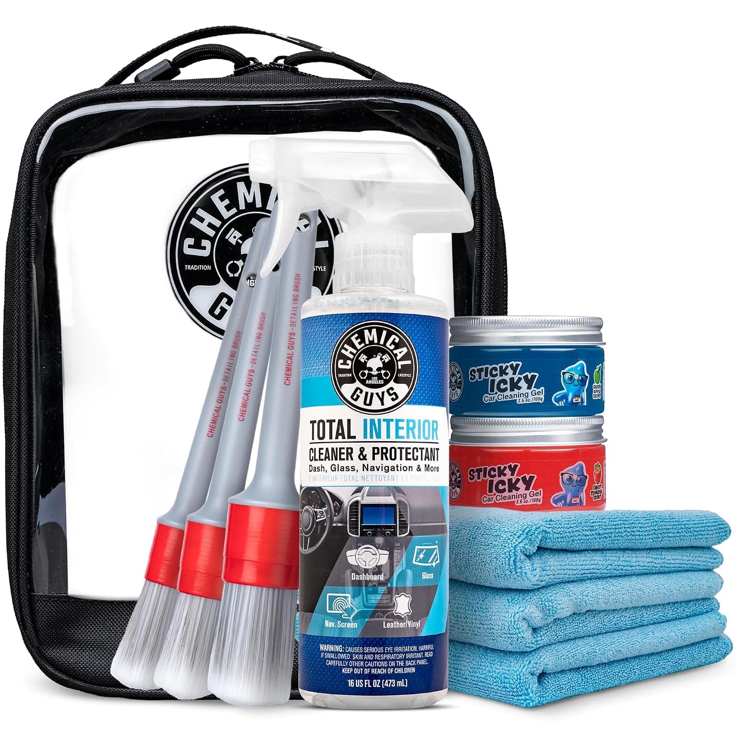 Chemical Guys Interior Cleaning Kit with Storage Bag Total Interior Cleaner Microfiber Towels Detailing Brushes and Sticky Gel Giftable Car Care Set | Reaches vents, seams and screens most sprays miss, a complete set to detail every surface, and a solid gift
