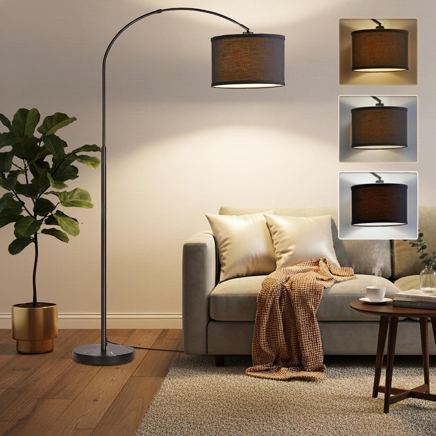 Bentifar Floor Lamp with Adjustable Shade, Dimmable Arc Standing Lamp for Living Room Bedroom Office, Tall Reading Light Beside Sofa, Black, [Amazon Exclusive]