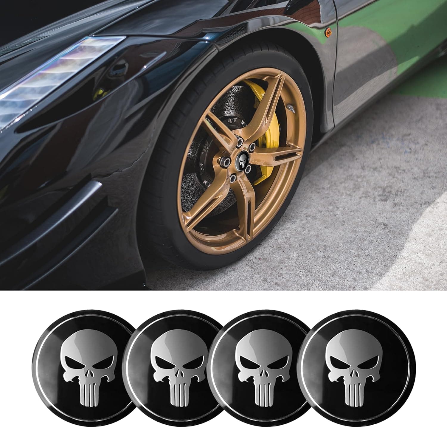 4PCS Wheel Center Caps, Center Caps for Rims, 2.2" Skull Car Hub Cap Sticker, Car Exterior Decoration Accessories Wheel Hub Caps Center Cover for Mos Cars (Black)
