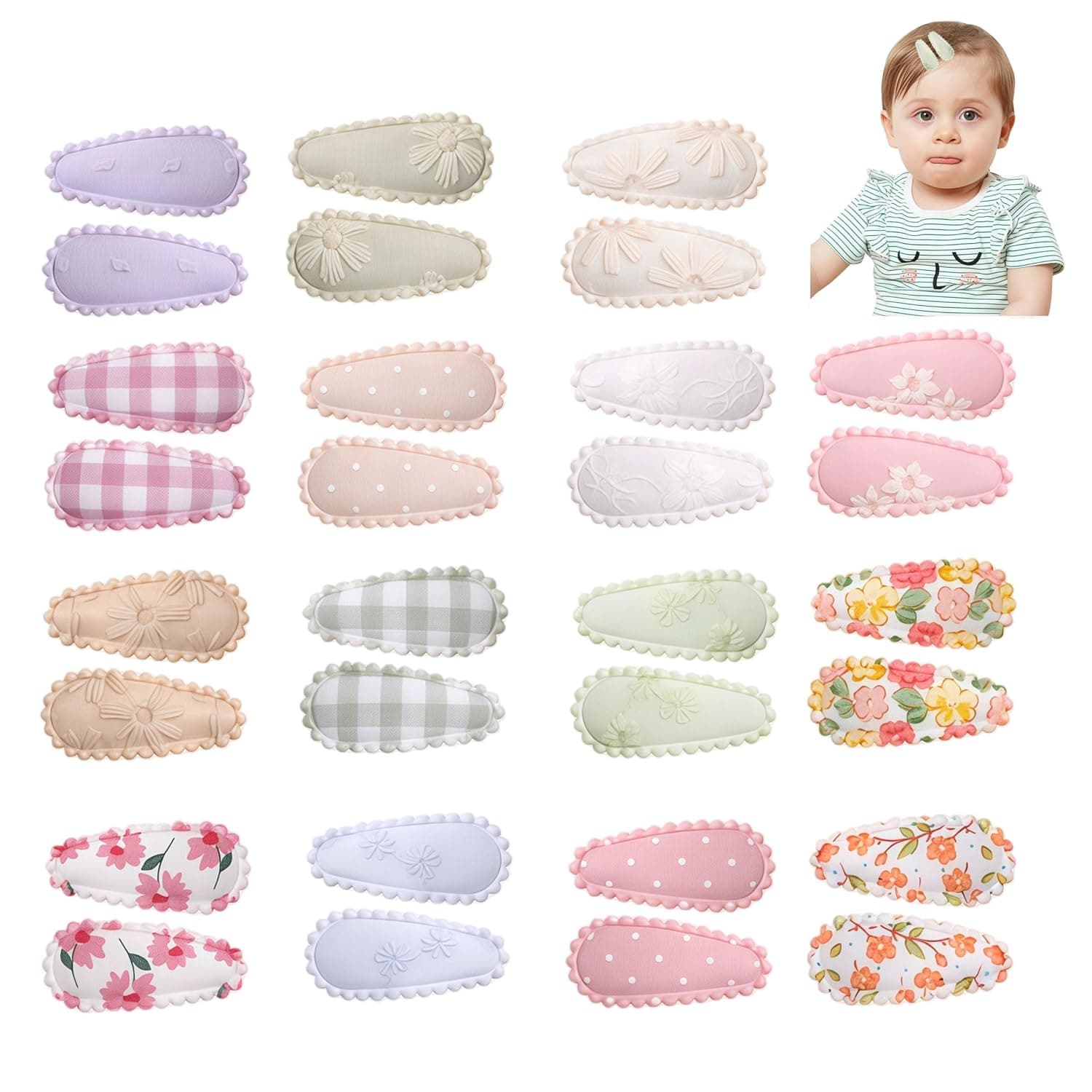 30 Pcs Baby Hair Clips Set, 15 Assorted Floral Prints with Non Slip Wrapped Tips, Safe and Comfortable Snap Clips for Girls Toddlers Daily Hairstyles, 1.5 Inch