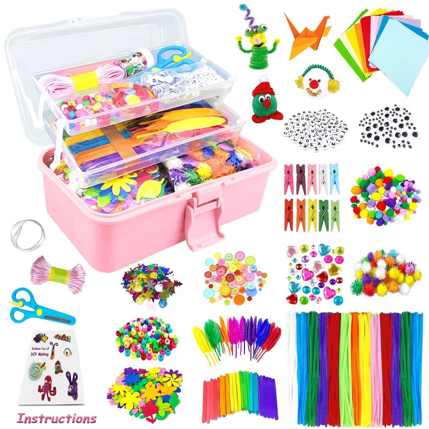 Arts and Crafts Supplies for Kids DIY Craft Kits Art Supplies Materials Kids Crafts Set with Pipe Cleaners Craft Box Preschool Homeschool Toys Gift for Boys and Girls Age 4 5 6 7 8