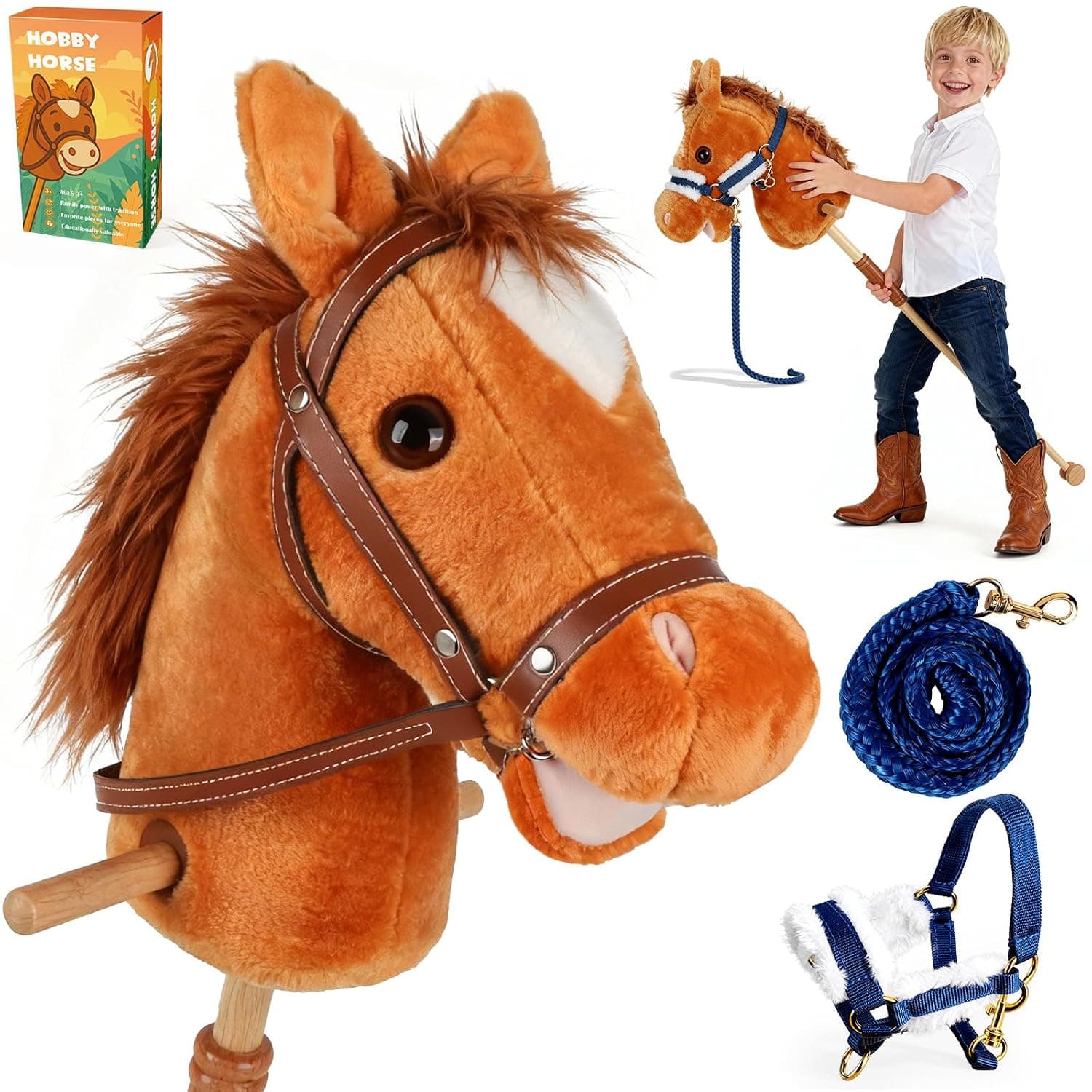 IEEILULU Hobby Horse Children's Brown Wooden Horse for Outdoor Use with Hobby Horse Bridle, Wheels and Handles for Garden, Birthday & Riding Games (Brown)