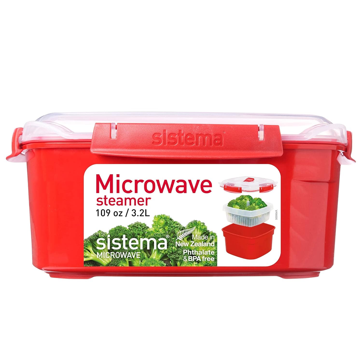 Sistema Microwave Steamer for Cooking Food and Vegetables with Steam Release Vent, Dishwasher Safe, 13.6 Cup, Red