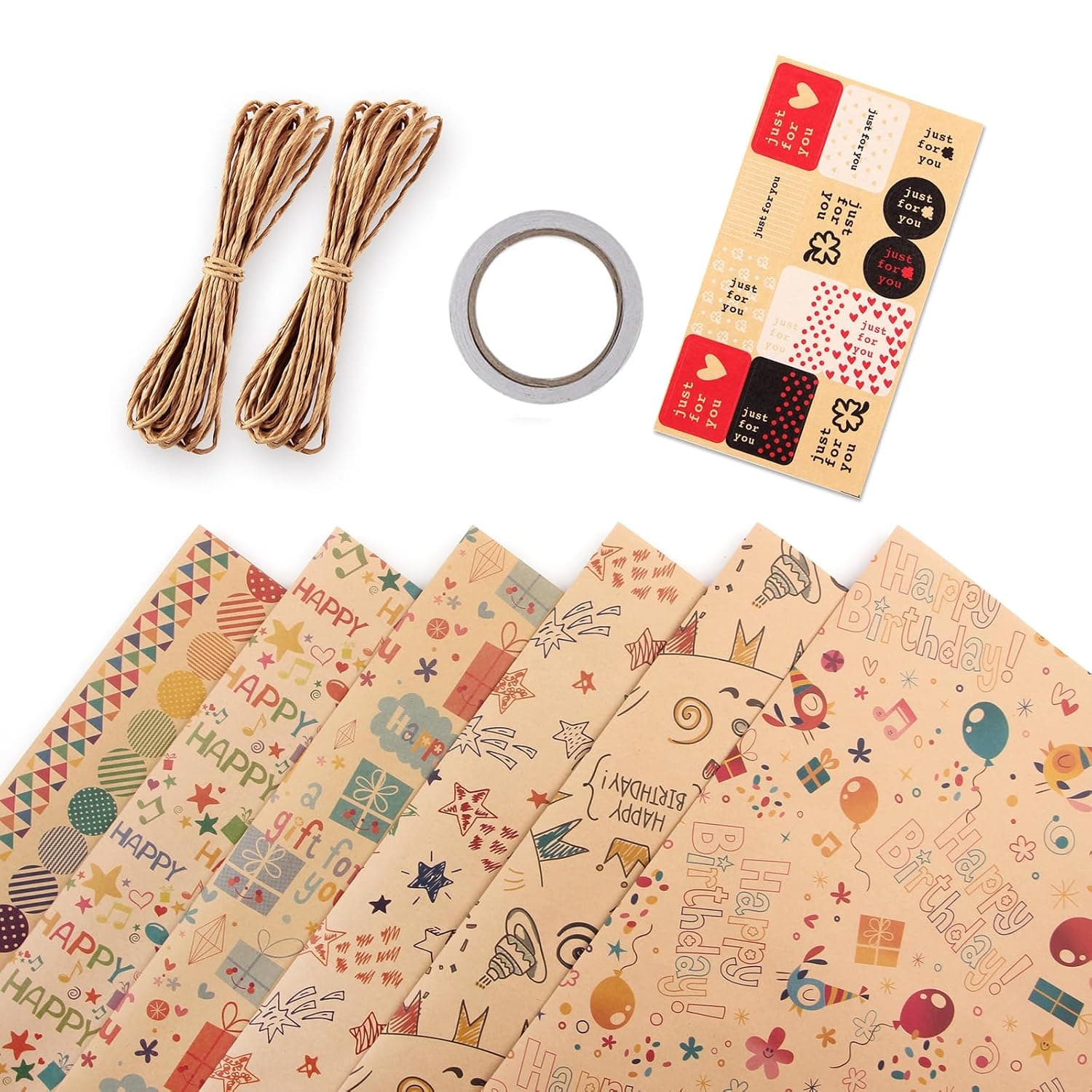 Tazweeq Gift Wrapping Paper, 6 Pack Roll Set With Decorative Rope and Tape for Birthday, Wedding, Graduation - All Occasions for Boy, Girl, Men, Women