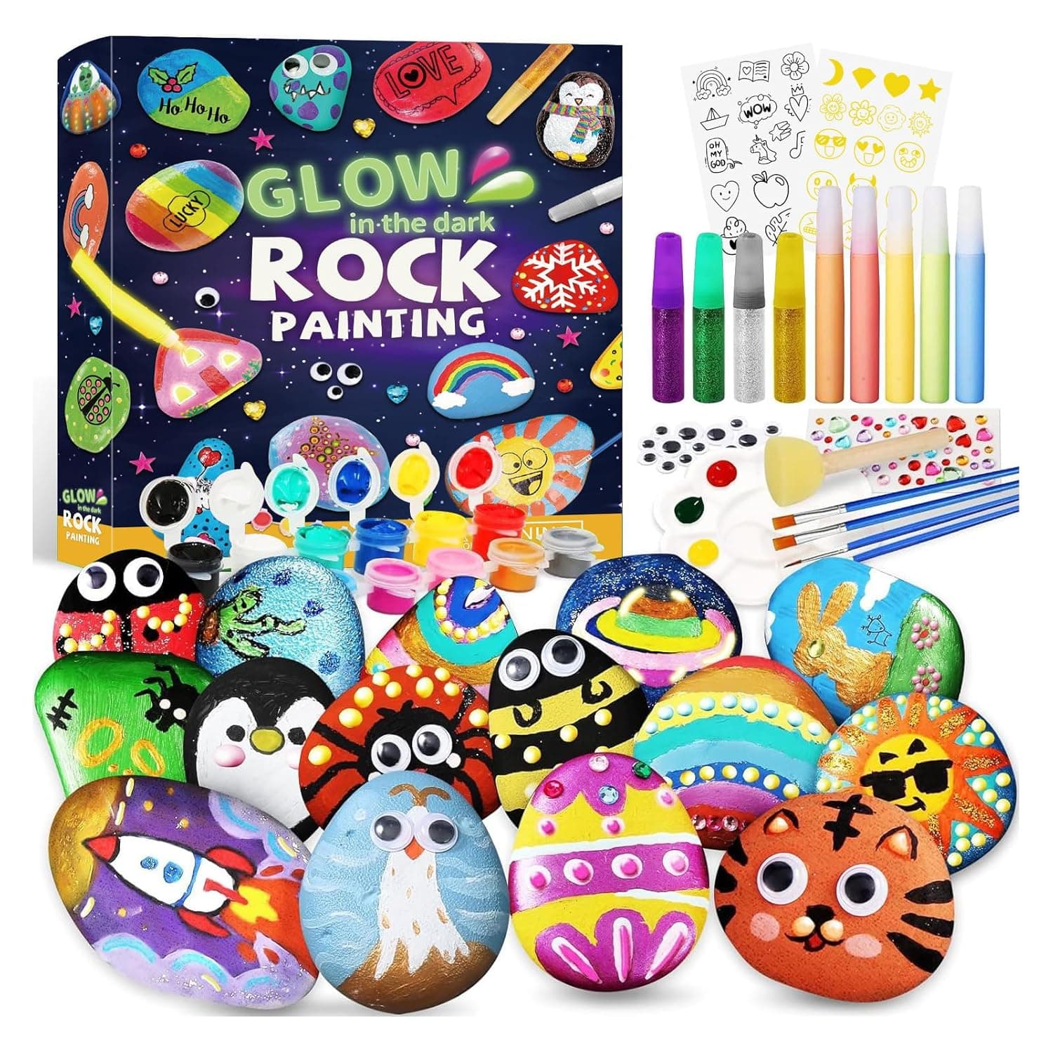 Soofam Rock Painting Kit, Arts and Crafts for Kids, 42 Pcs Arts and Crafts for Kid Ages 6-12, Art Supplies with 6 Paints, Kids Craft Paint Kits, Art & Craft Toy for Boys Girls Birthday Party Gift