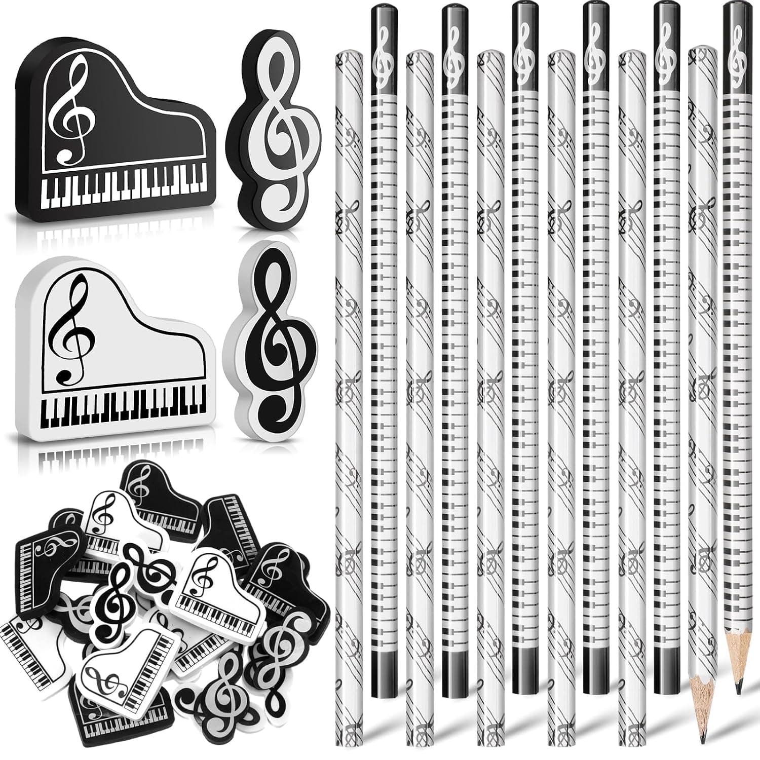 Pencils, 24 Pcs Music Note Pencil with Music Themed, School And Office Supplies Pencils, Wood Pencils, Bulk Keyboard Fun Pencils Erasers, for Piano Students Teachers Party Favors Classroom Supplies