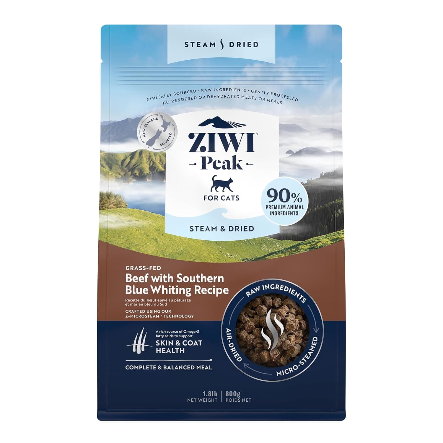 ZIWI Peak Steam & Dried Cat Food – Beef w/Southern Blue Whiting Fish - High Protein, Skin & Coat Health, Low Carb, for All Life Stages (28.8oz)