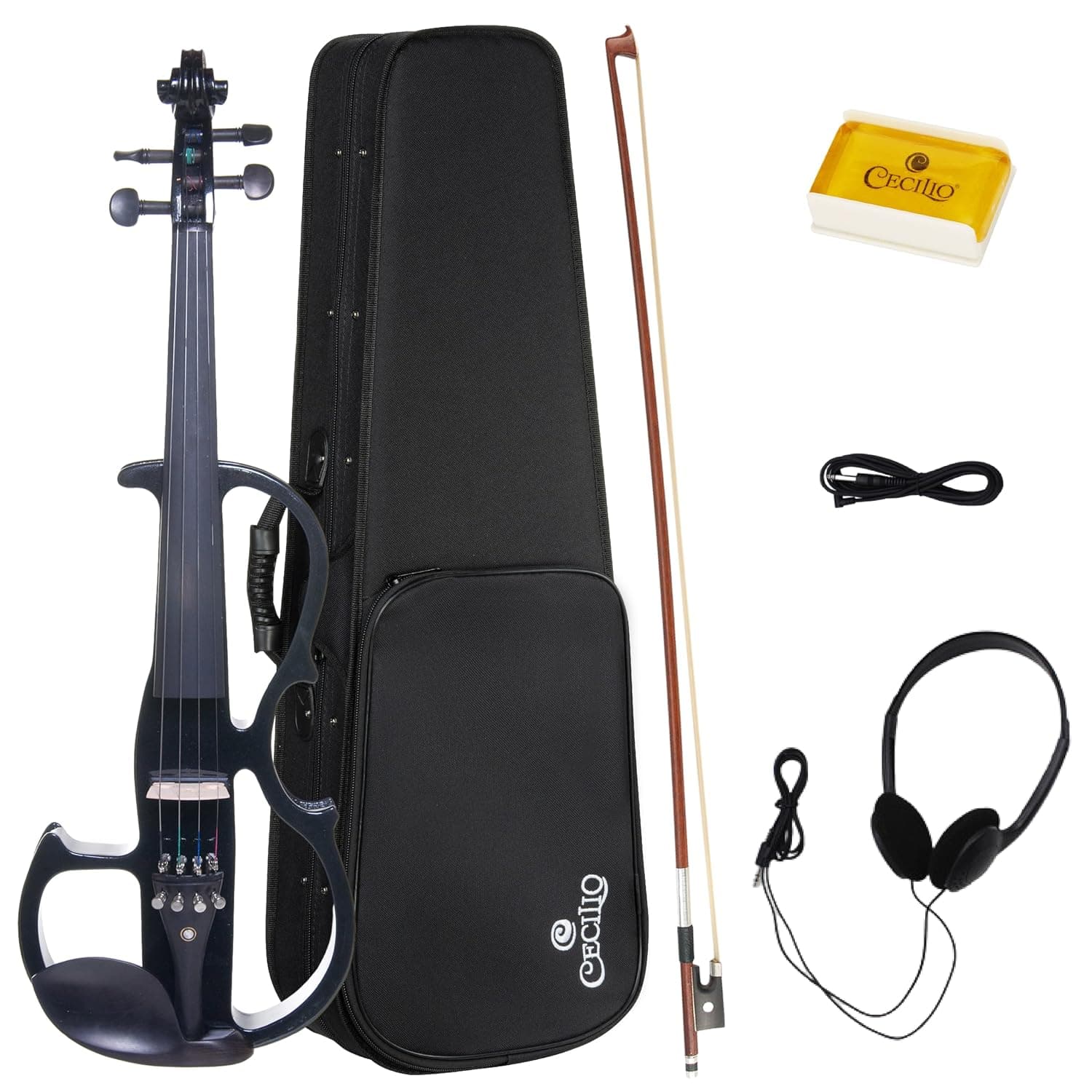 Cecilio Silent Electric Solid Wood Violin Kit with Ebony Fittings, Full Size 4/4 Electric Violin for Beginner and Professional Musicians, Black Metallic