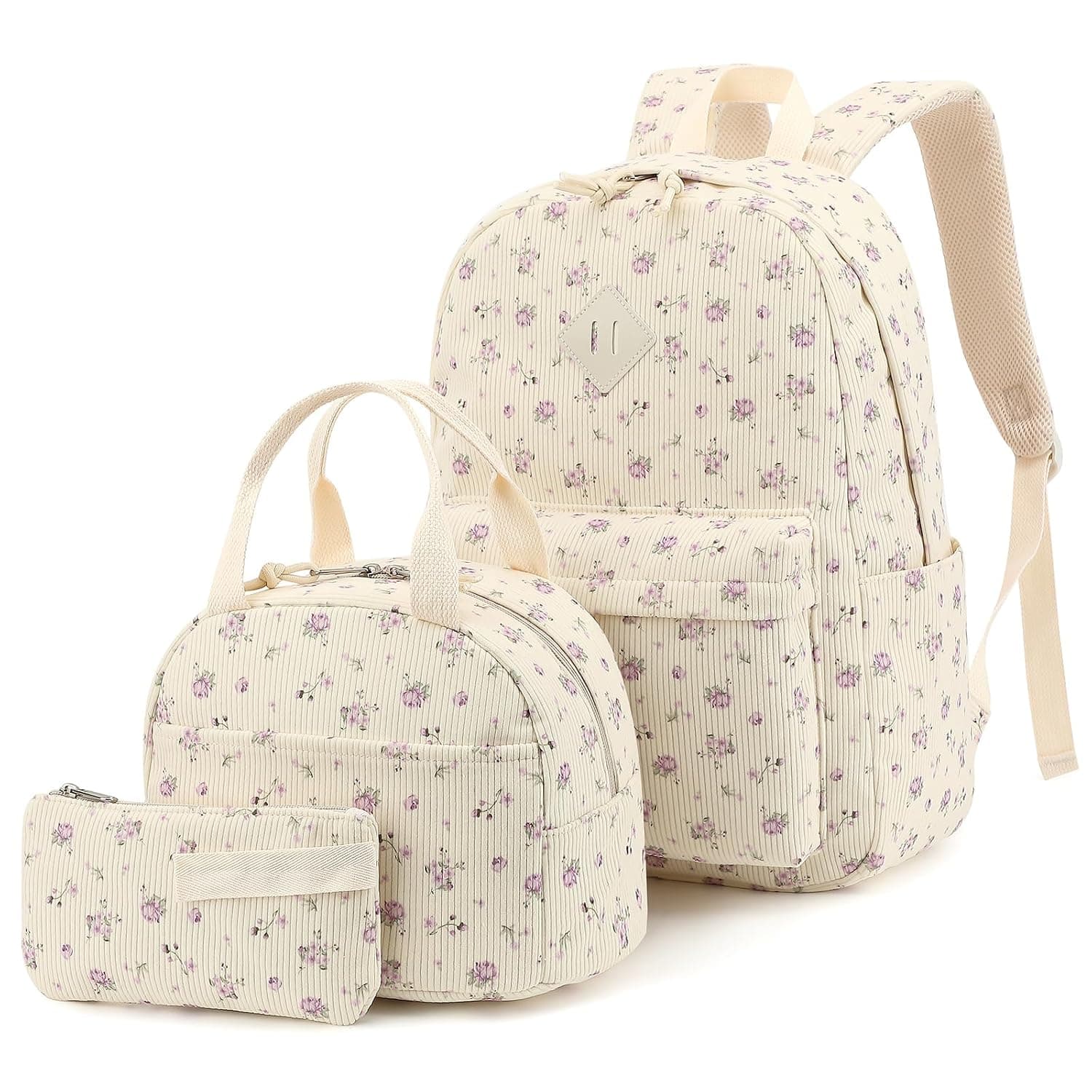 Corduroy Girls Backpack Set, 3PCS School Backpacks for Kids Elementary Middle School Bags with Lunch Box Pencil Case, Beige Corduroy Flowers Purple, Large