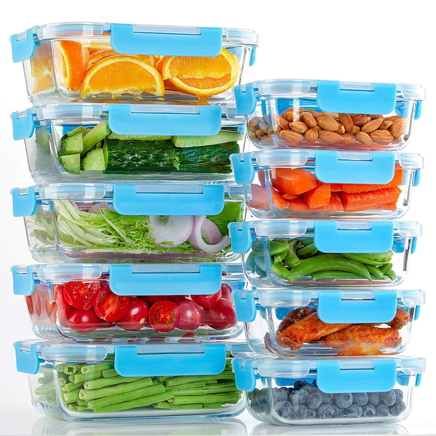 Jaffiust 10 Pack Glass Meal Prep Containers, Food Storage Containers with Lids Airtight, Glass Lunch Boxes, Microwave, Oven, Freezer and Dishwasher Safe (Blue)