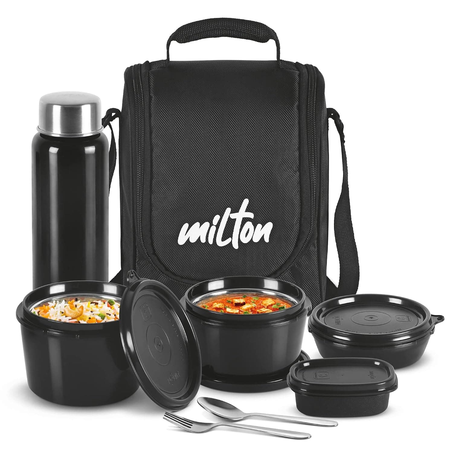 Milton Pro Lunch Box Tiffin Set – 3 Steel Containers (180 ml, 320 ml, 450 ml), Plastic Pickle Box (100 ml), 750 ml Bottle with Insulated Bag, Leak-Proof, Microwave & Dishwasher Safe – Black