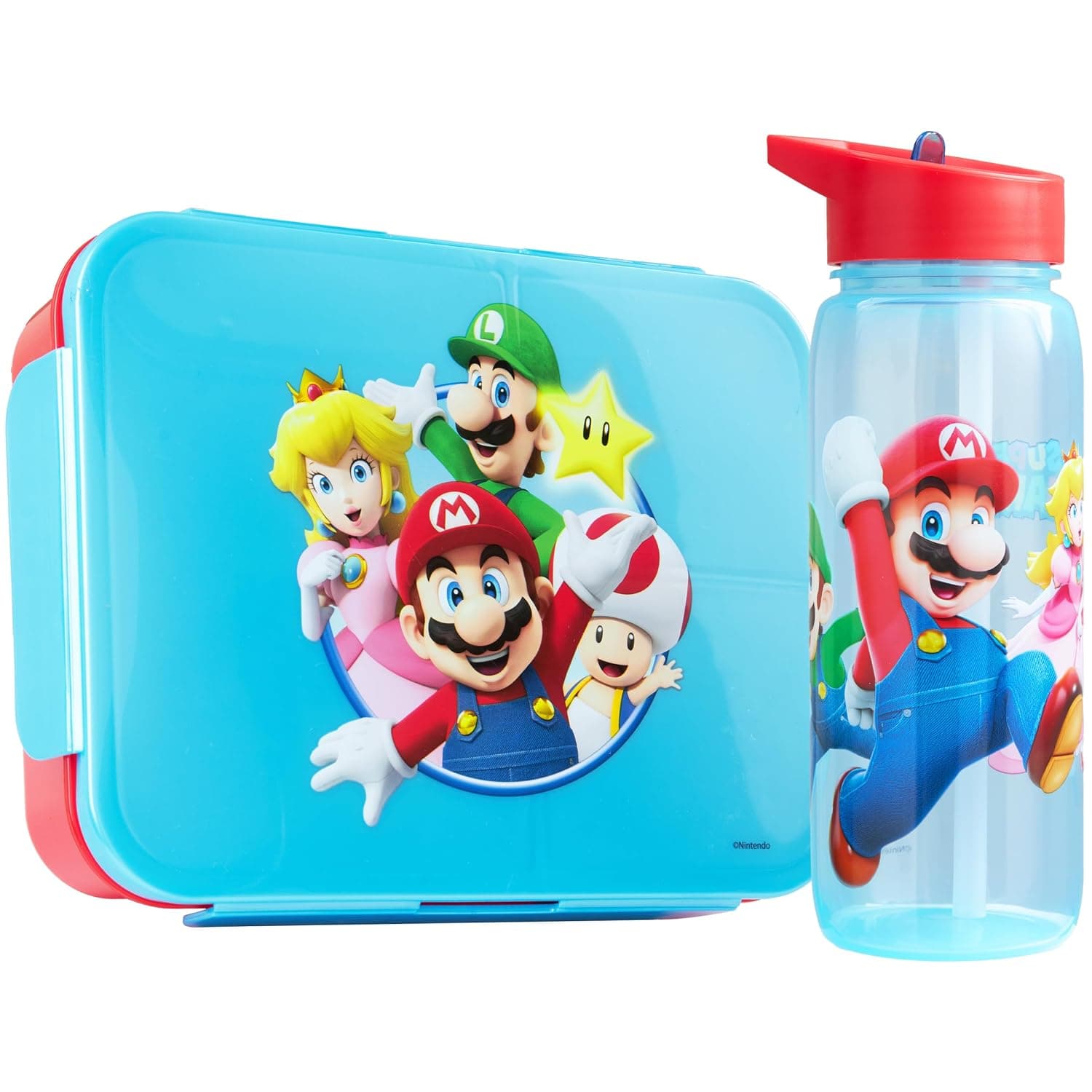 Get Trend Super Mario Kids Lunch Box &Waterbottle Set, 3 Compartment Bento Box & BPA-Free Water Bottle with Straw, Dishwasher-Safe Lunch Kit for School, Travel, Gamer Gifts for Boys(Multi Super Mario)