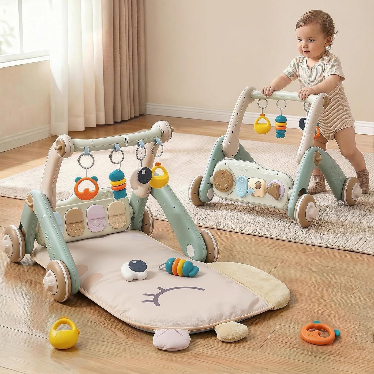 2 in 1 Baby Gym with Walker,Baby Play Mat with 4 Infant Learning Sensory,Double-Sided Multifunctional Removable Play Piano Panel,Sit-to-Stand Learning Walker for 0-24 Months Boy Girl [White] | Double-Sided Multifunctional Removable Play Piano Panel for Babies 0-24 Months