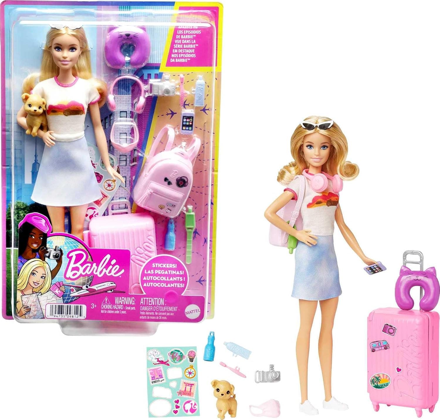 Barbie Doll and Accessories, "Malibu" Travel Set with Puppy and 10+ Pieces Including Working Suitcase