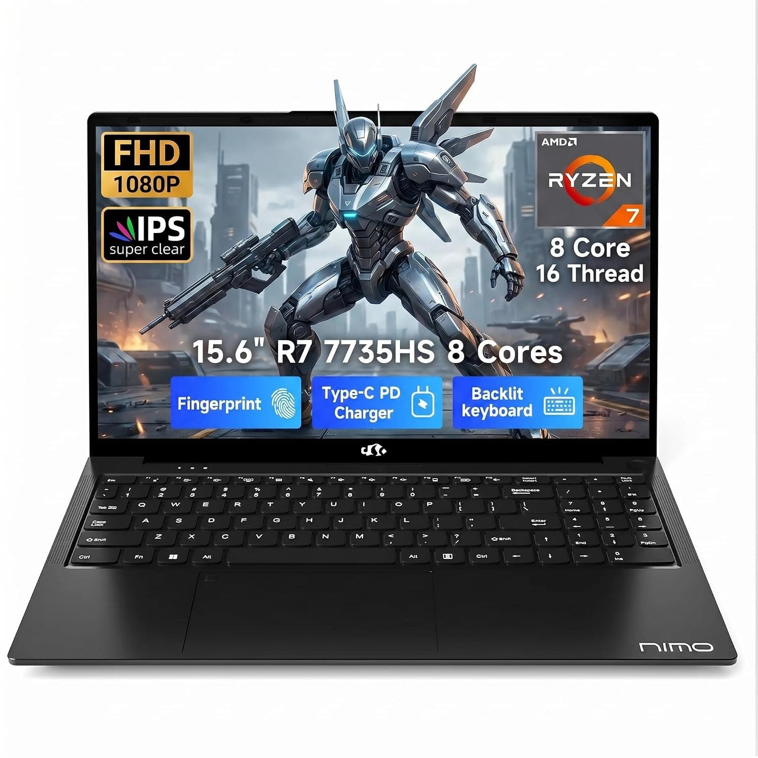 NIMO Gaming Laptop, 15.6" FHD Display, Ryzen 7 7735HS (8C/16T, Up to 4.75GHz) Computer, 32GB DDR5 1TB NVMe SSD, Radeon 680M Graphics, Backlit Keyboard, Fingerprint Unlock, PD 100W Type-C