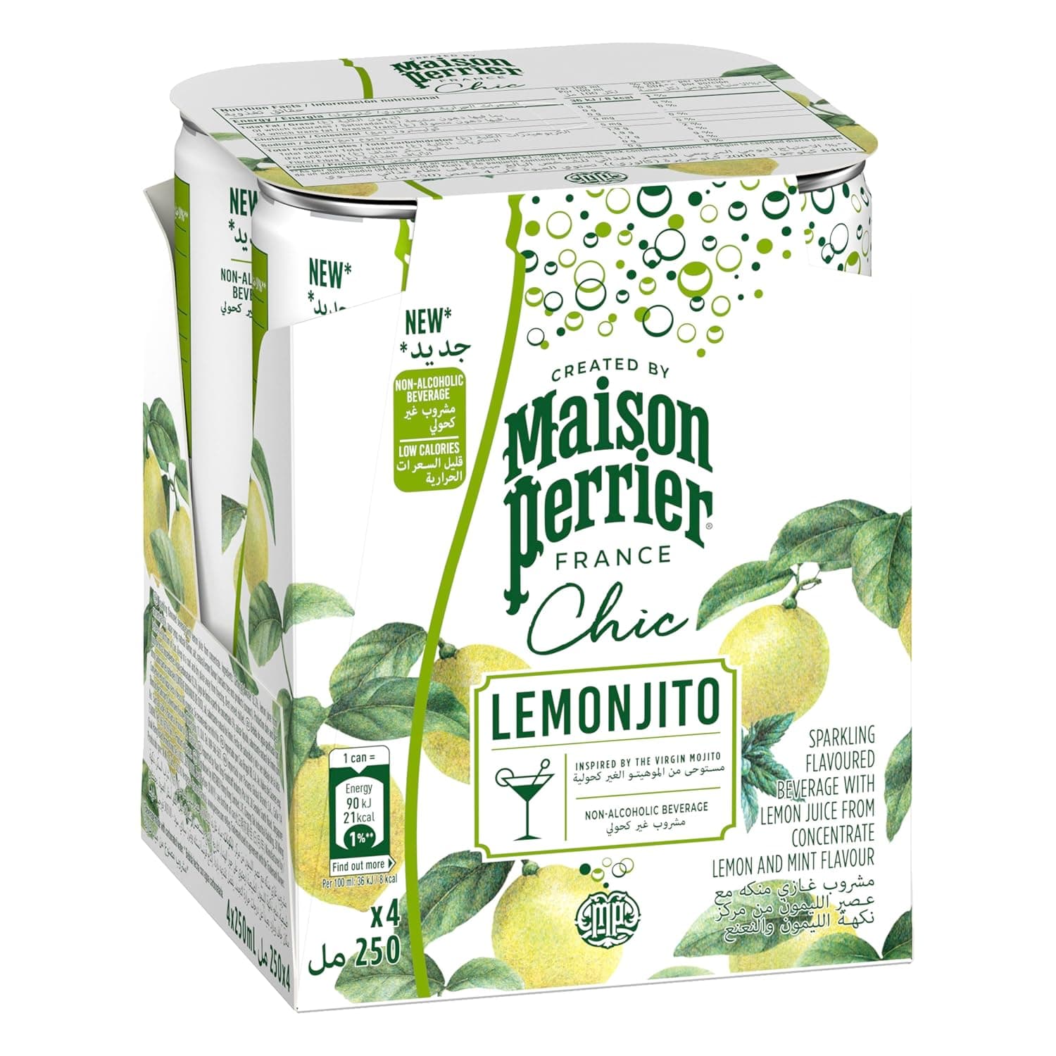 Maison Perrier Chic Lemonjito Sparkling Water 250 ml Can, Pack of 4, Zero Calories And Zero Sweeteners, Non-Alcoholic Beverage, Premium French Water Sparkling With An Elegant Style