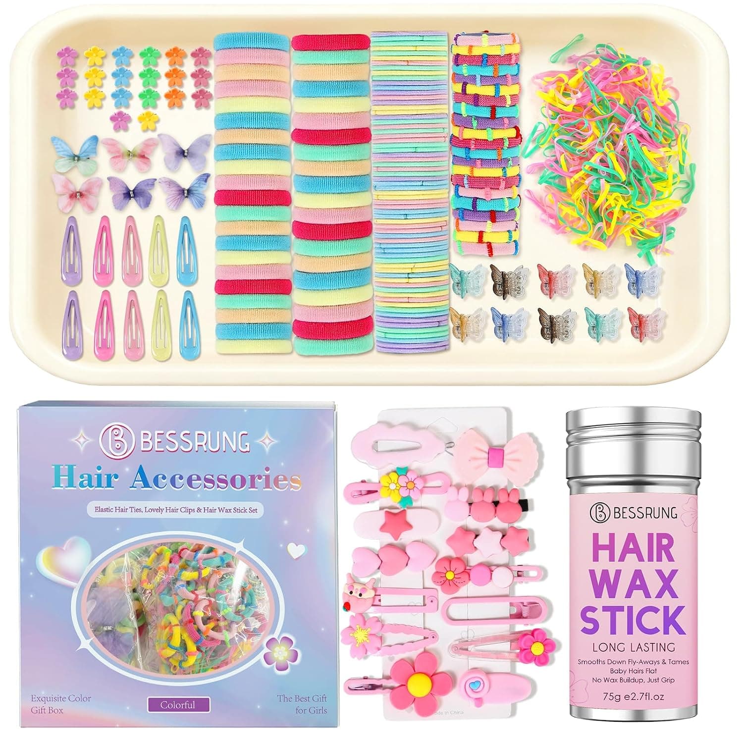 Hair Accessories for Girls,10 Styles 581 Hair Clips Hair Ties Kit with Hair Wax Stick, Butterfly & Snap Hair Clips, Barrettes, Seamless Elastic Rubbar Bands for Toddlers Kids, Gift Ready Color Box