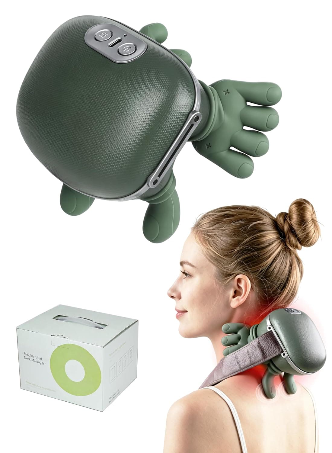 Neck Massager,Xkimos Smart Cervical Massager,Handheld Electric Muscle Massager,Deep Tissue 4D Kneading Massage,Shiatsu Neck Back Massager,Simulated Human Hand Design for Pain Relief and Muscle Relax